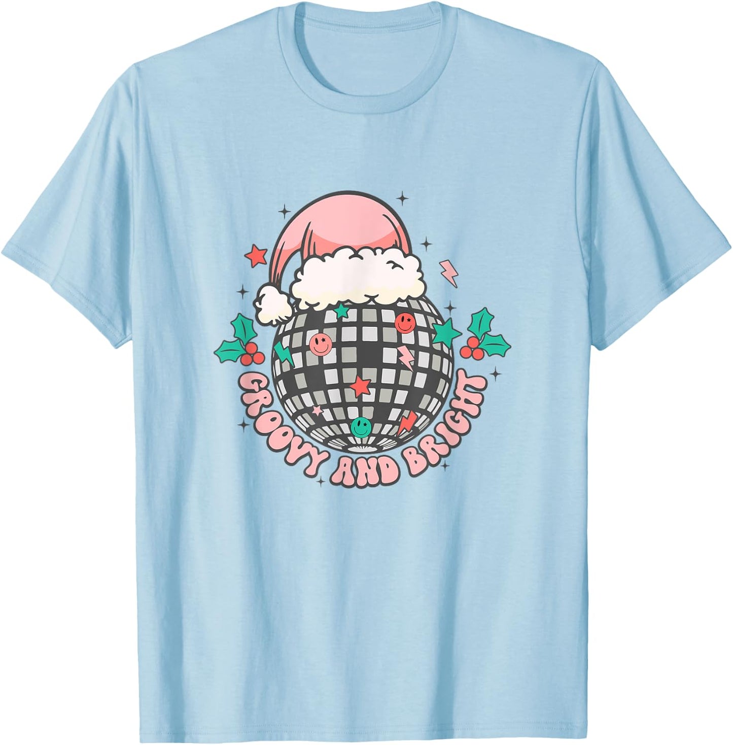 Disco Christmas Ball Retro Groovy Bright Santa Hat T-Shirt - T-Shirt | Light Blue