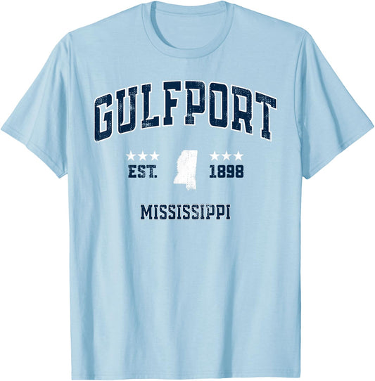 Gulfport Mississippi MS Vintage Athletic Navy Sports T-Shirt - T-Shirt | Light Blue