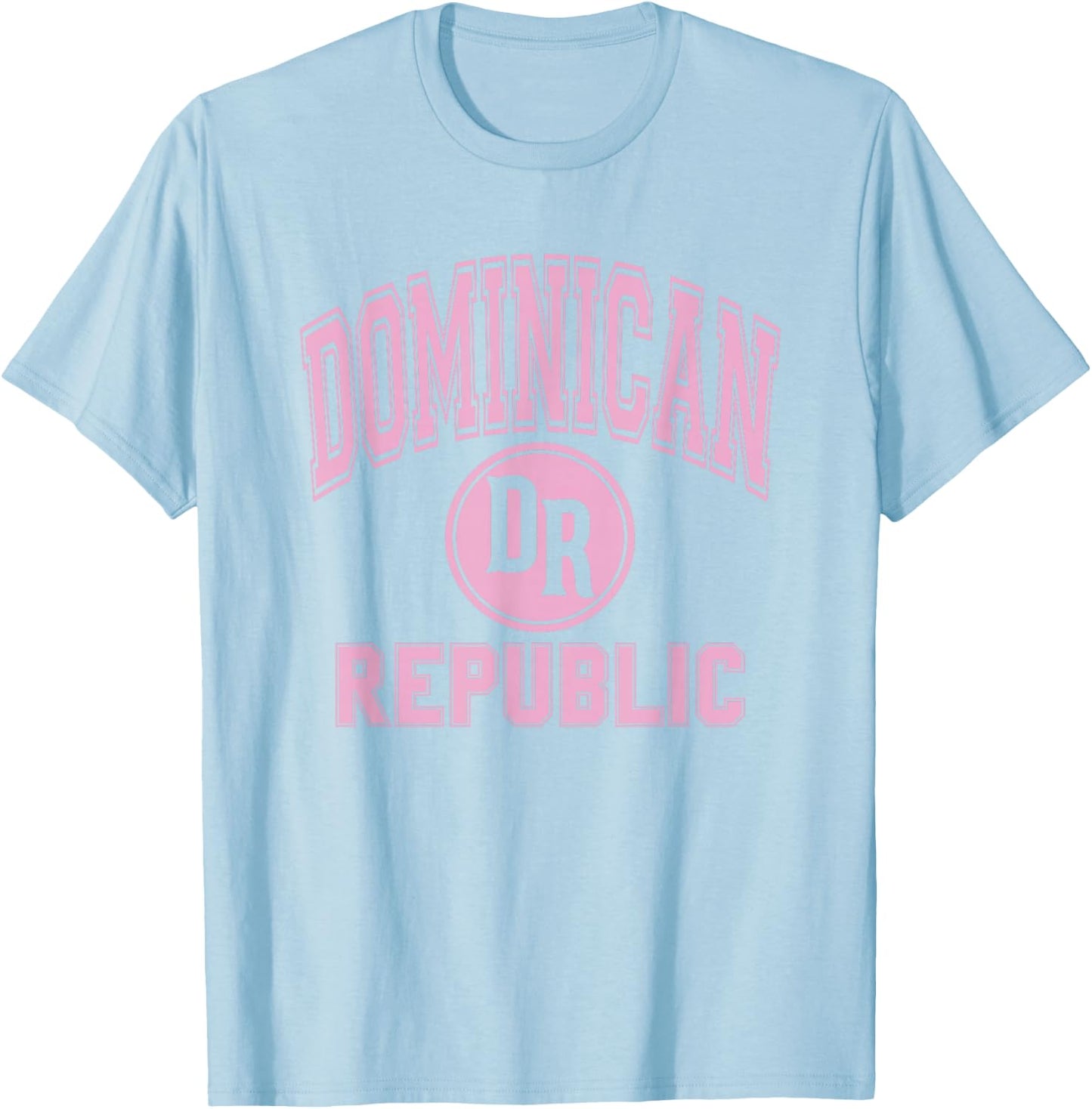 Dominican Republic Text DR Circle White with Pink Print T-Shirt - T-Shirt | Light Blue