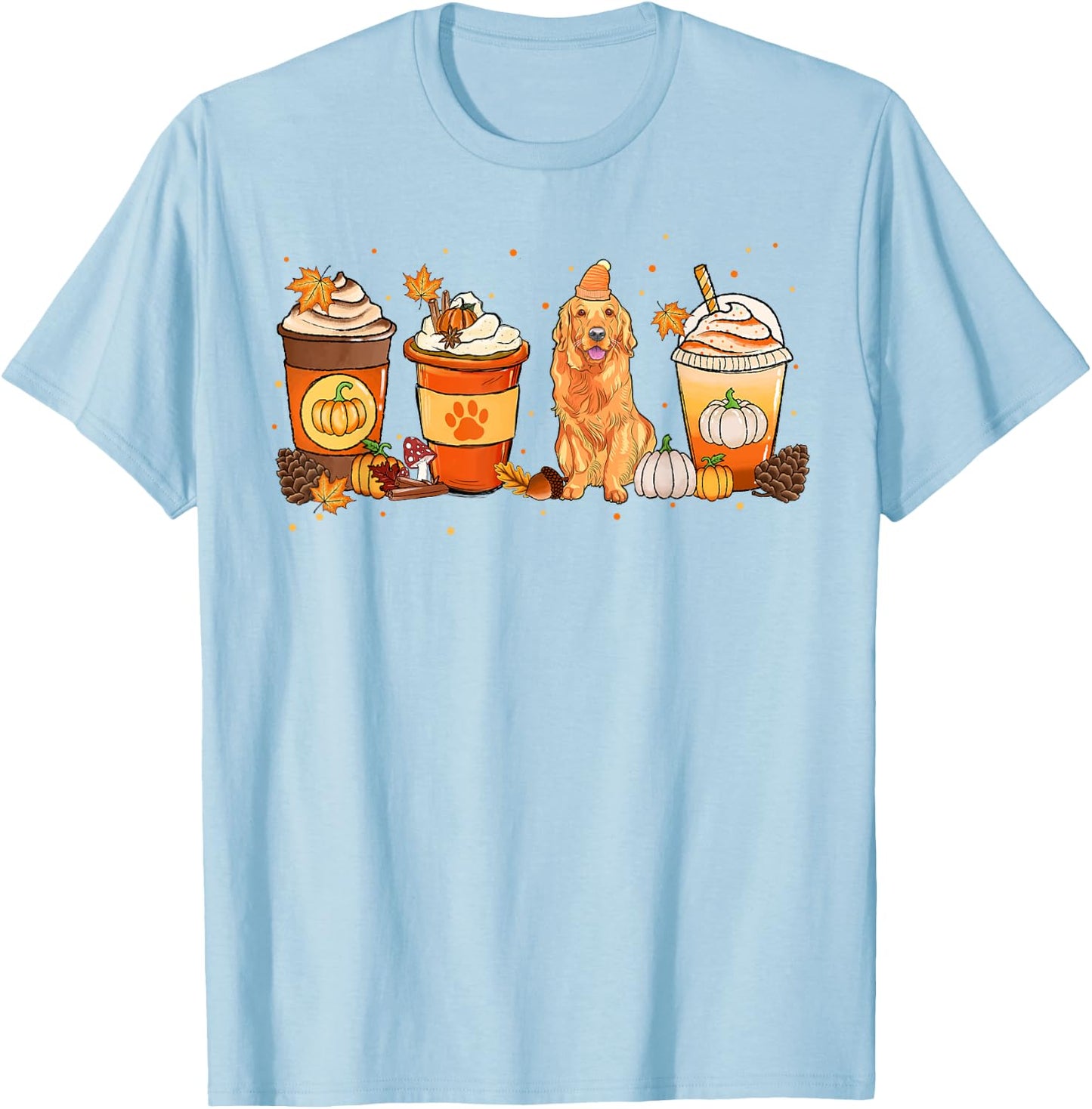 Pumpkin Spice Latte Golden Retriever Fall Thanksgiving T-Shirt - T-Shirt | Light Blue