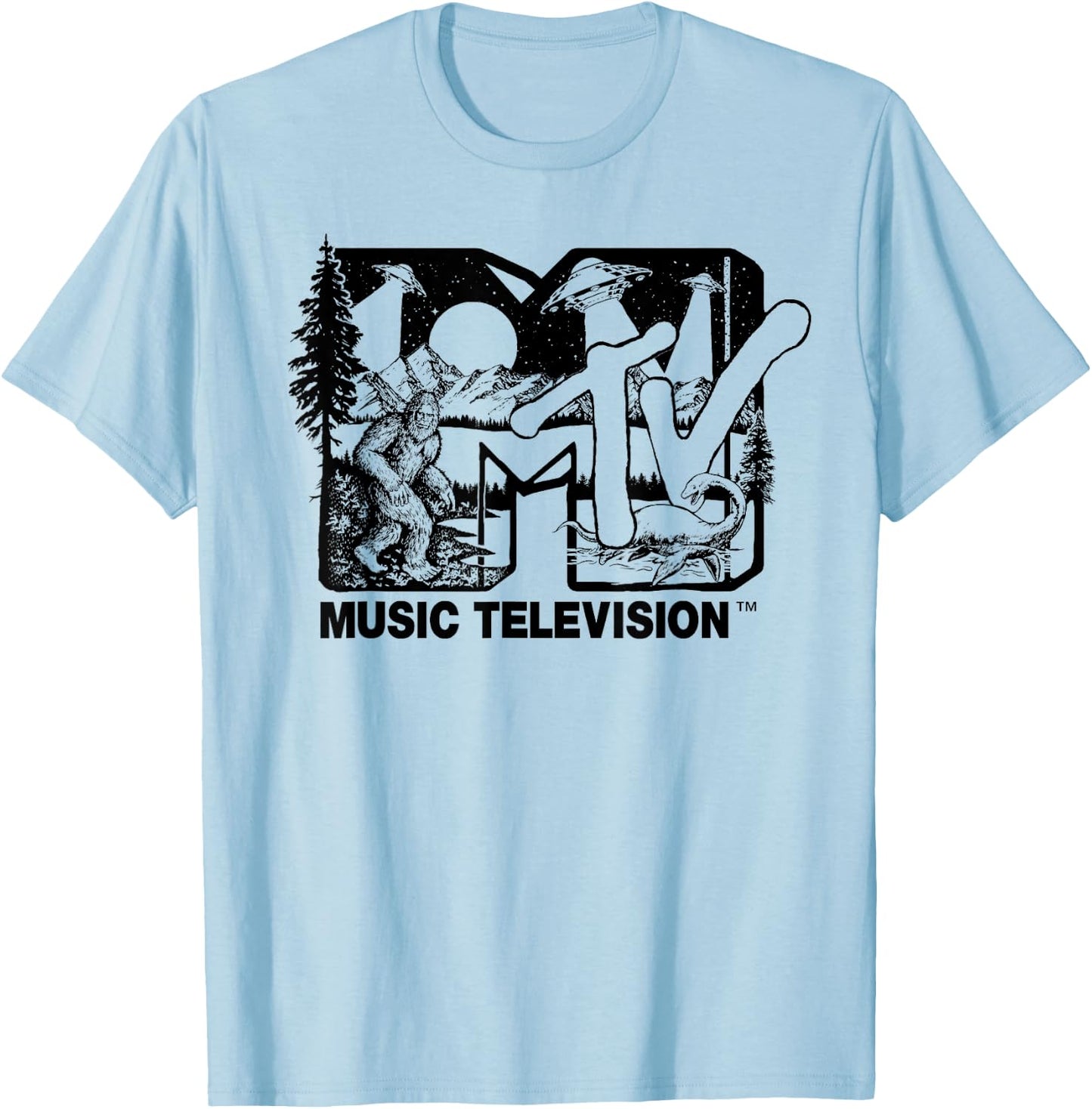 Mademark x MTV - Cryptid-Filled MTV Logo Feat. Bigfoot, UFO, & Nessie Outline T-Shirt - T-Shirt | Light Blue