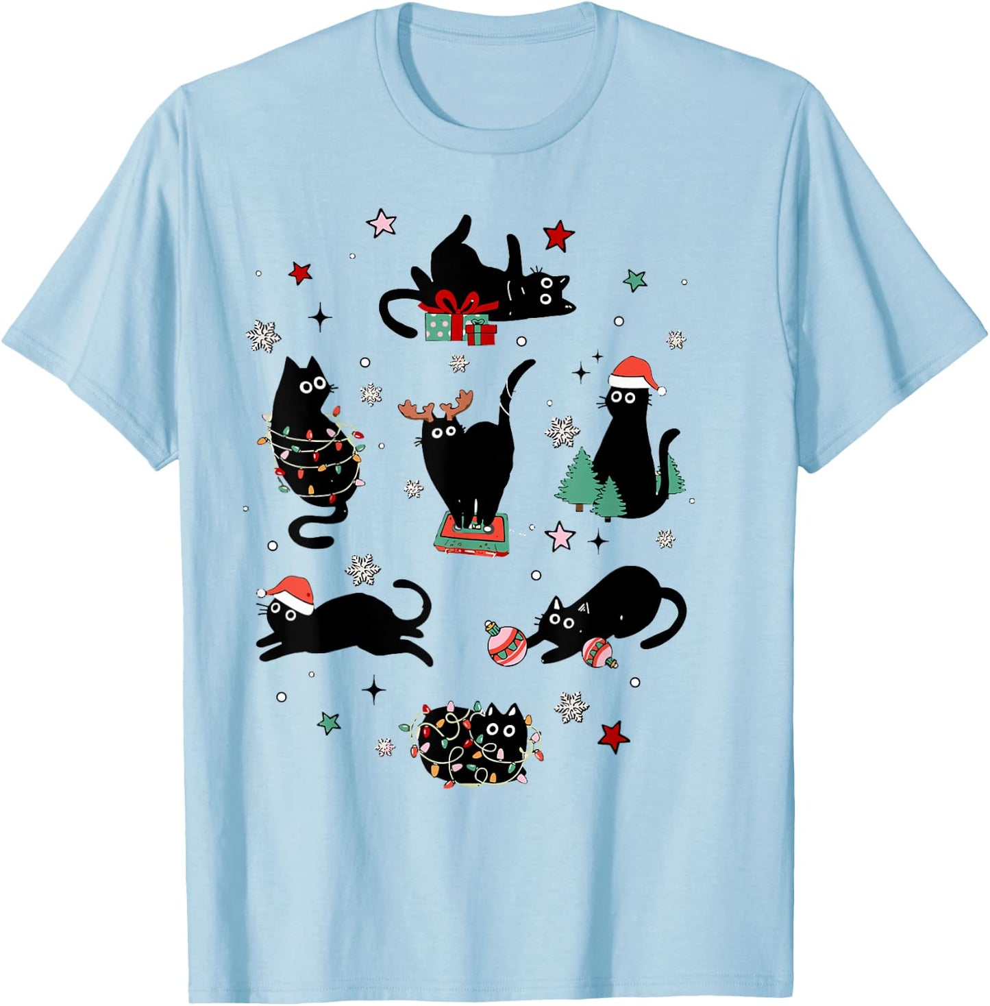 Santa Cat Light Gorgeous Reindeer Pajama Christmas Cat Lover T-Shirt - T-Shirt | Light Blue