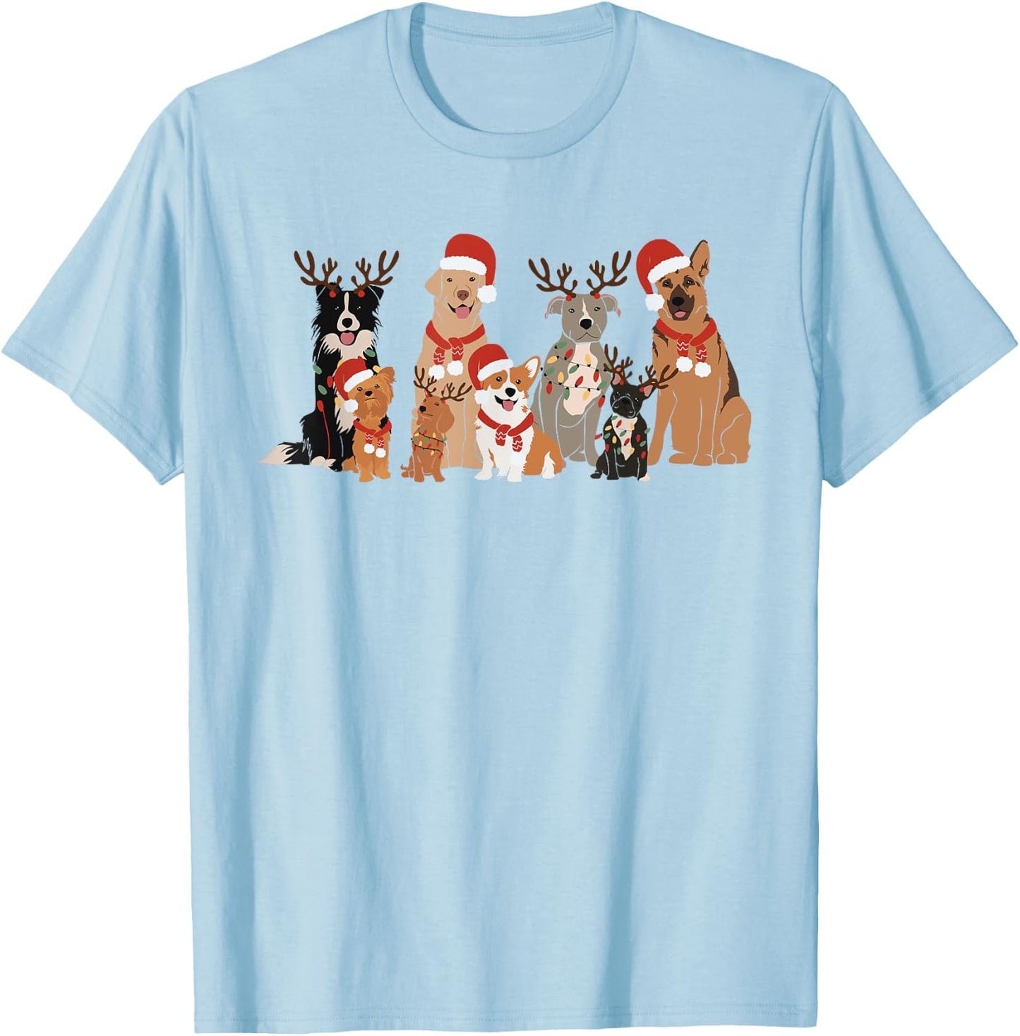 Christmas Dogs Squad Reindeer Santa Lights Dog Owner T-Shirt - T-Shirt | Light Blue