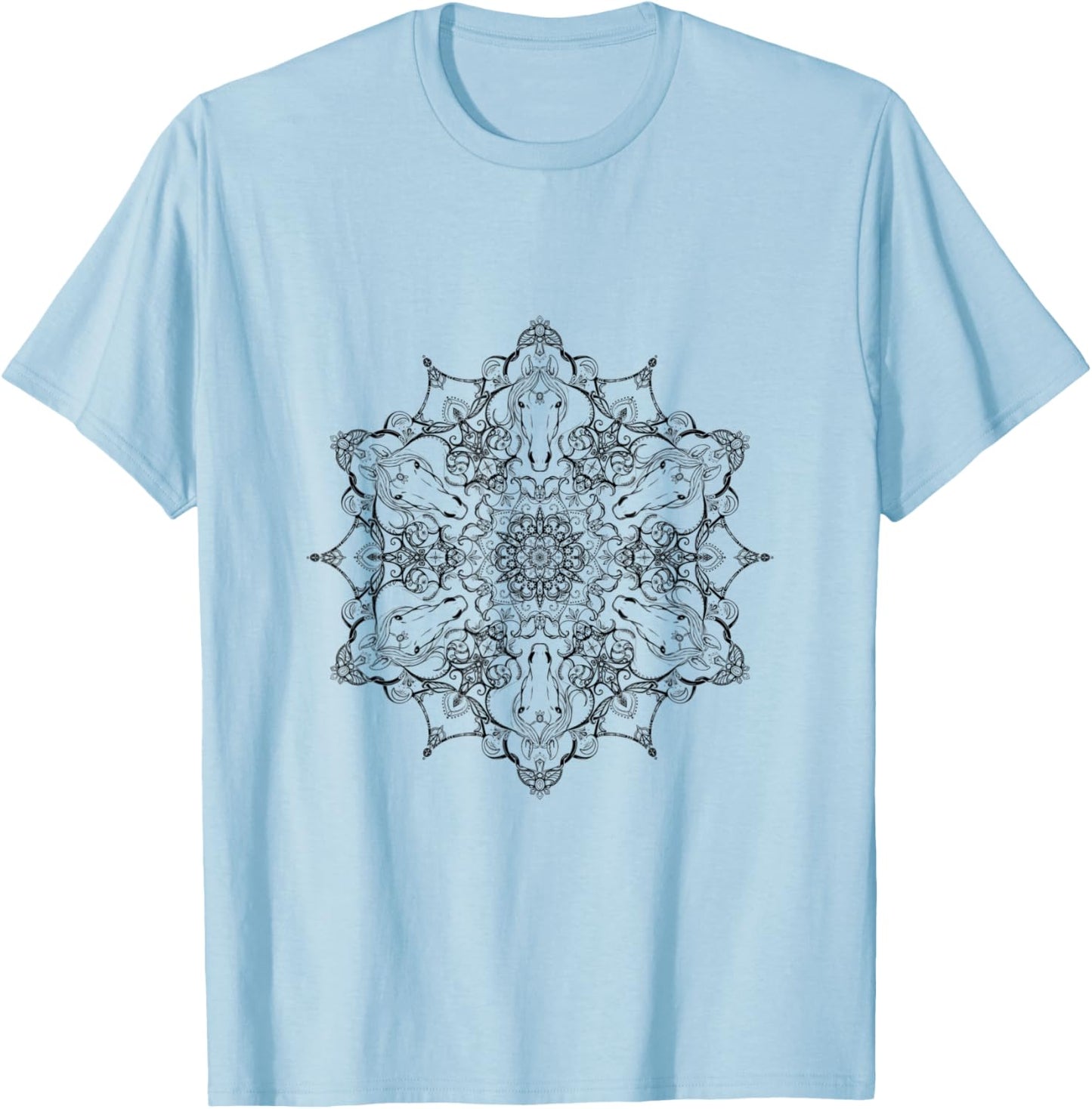 Mystical Magical Black and White Horse Head Mandala T-Shirt - T-Shirt | Light Blue