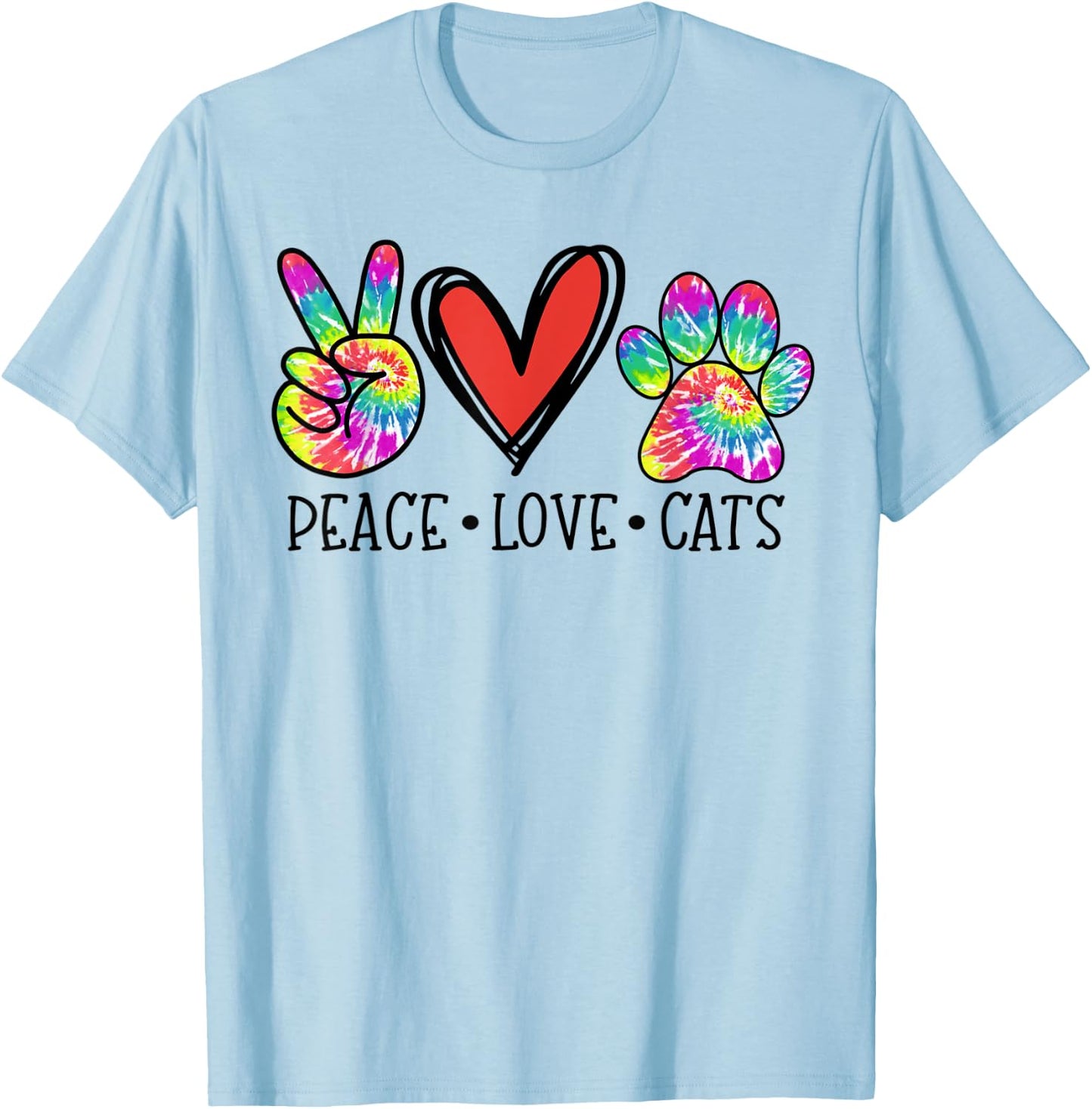 Peace Love Cats Paws Tie Dye Rainbow Animal Rescue T-Shirt - T-Shirt | Light Blue