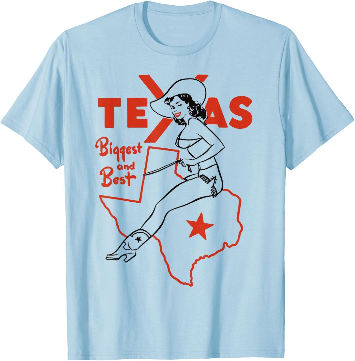 Vintage Rodeo Texas Pride Boots & Bikini Pin-Up Cowgirl T-Shirt - T-Shirt | Light Blue