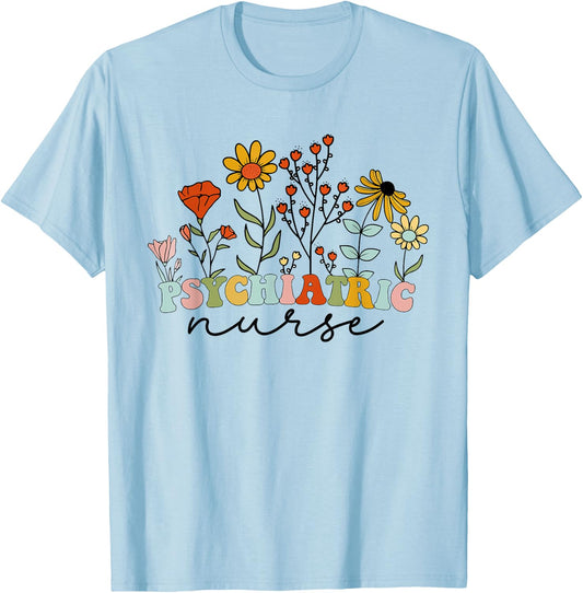 Vintage floral Psychiatric Nurse Cute RN Mental Health Nurse T-Shirt - T-Shirt | Light Blue