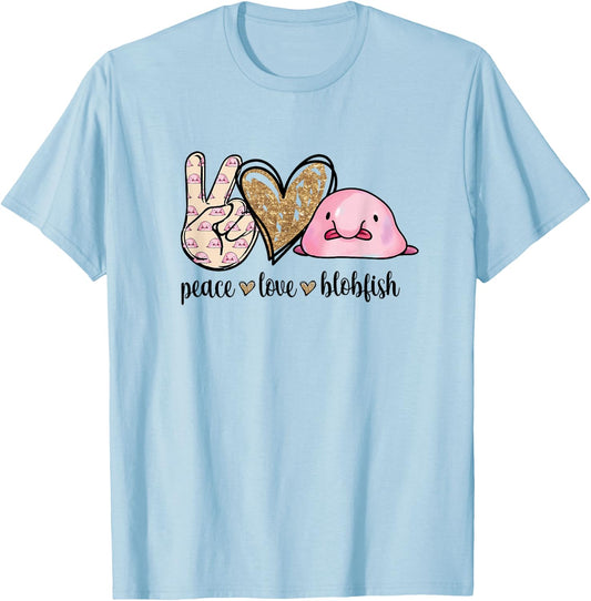 Girls Kids Peace Love Meme Blobfish Lover T-Shirt - T-Shirt | Light Blue