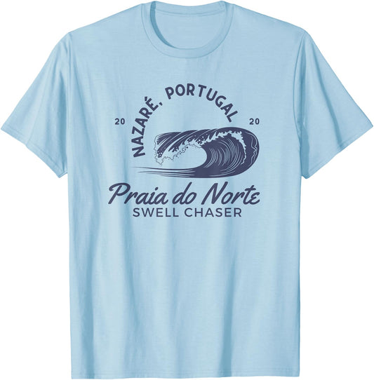 Nazaré Portugal Big Wave Surfing Surf Swell Chaser T-Shirt - T-Shirt | Light Blue