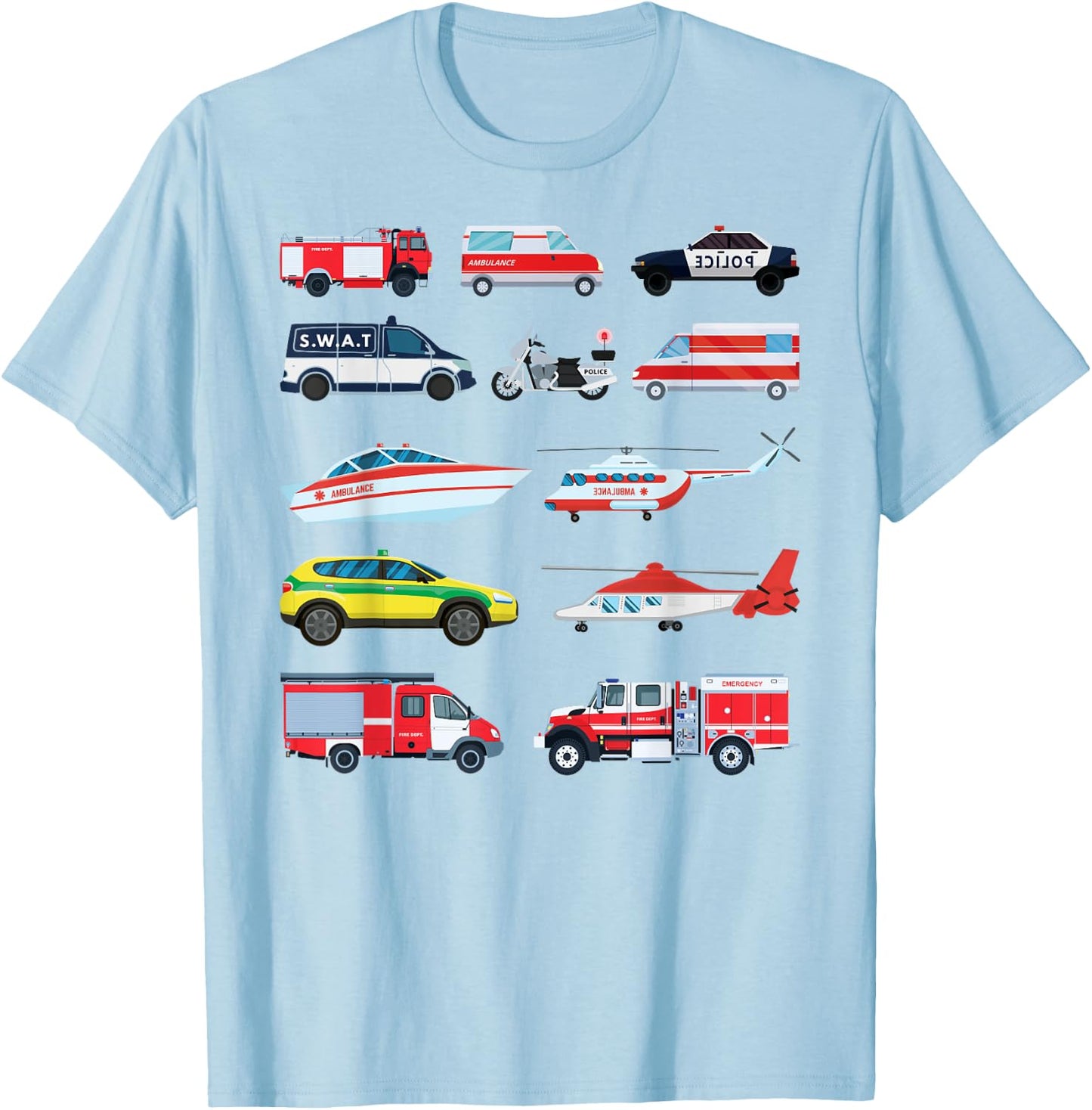 Emergency Vehicles, Emergency Boy and Girl T-Shirt - T-Shirt | Light Blue