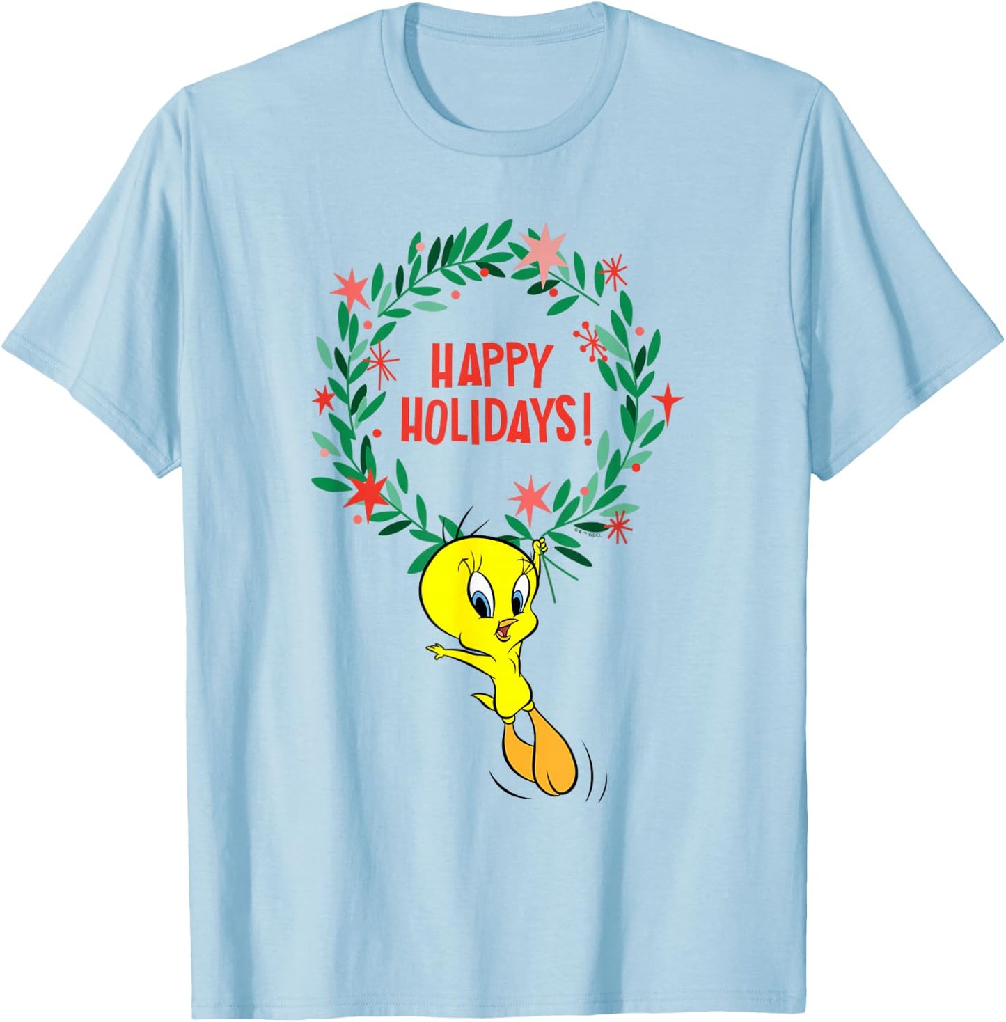 Looney Tunes Christmas Wreath Happy Holidays With Tweety T-Shirt - T-Shirt | Light Blue
