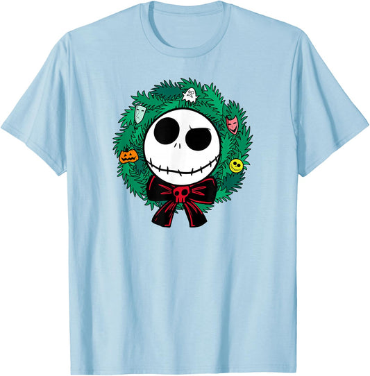 Amazon Essentials Men's Nightmare Before Christmas Jack Festive Holiday Wreath , Blue, Small T-Shirt - T-Shirt | Light Blue