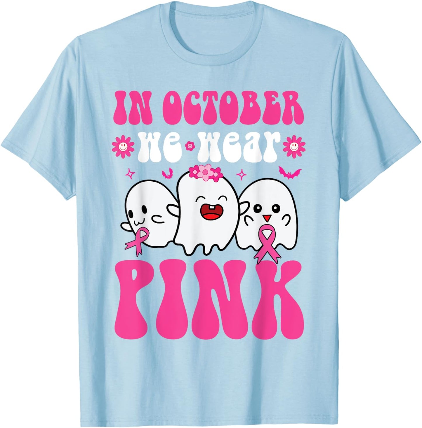 Groovy Wear Pink Breast Cancer Warrior Ghost Halloween Girls T-Shirt - T-Shirt | Light Blue