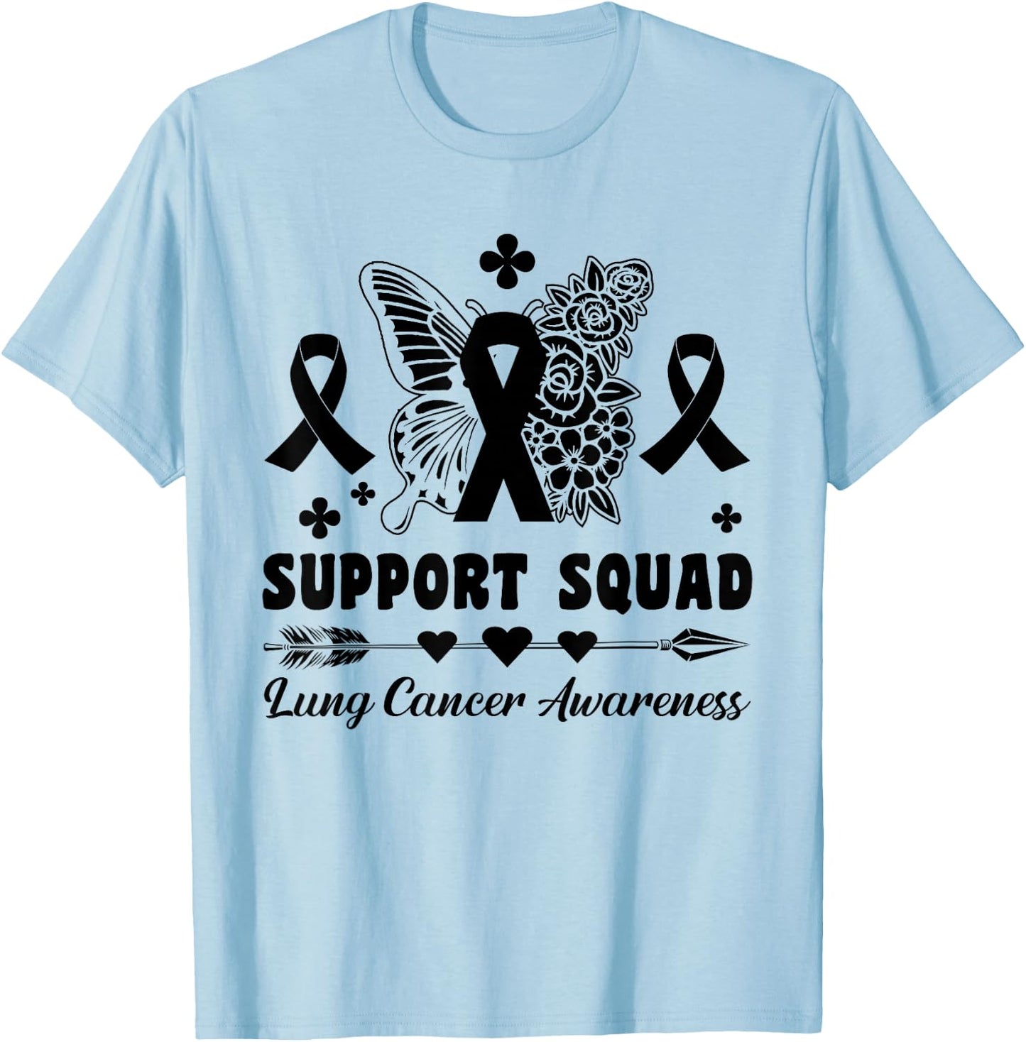 Butterflies Ribbon White Lung Cancer Awareness Support Squad T-Shirt - T-Shirt | Light Blue