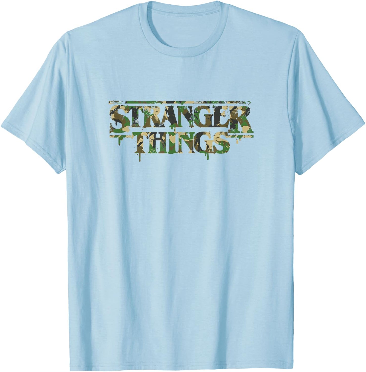 Stranger Things Military Camouflage Dripping Paint Logo T-Shirt - T-Shirt | Light Blue