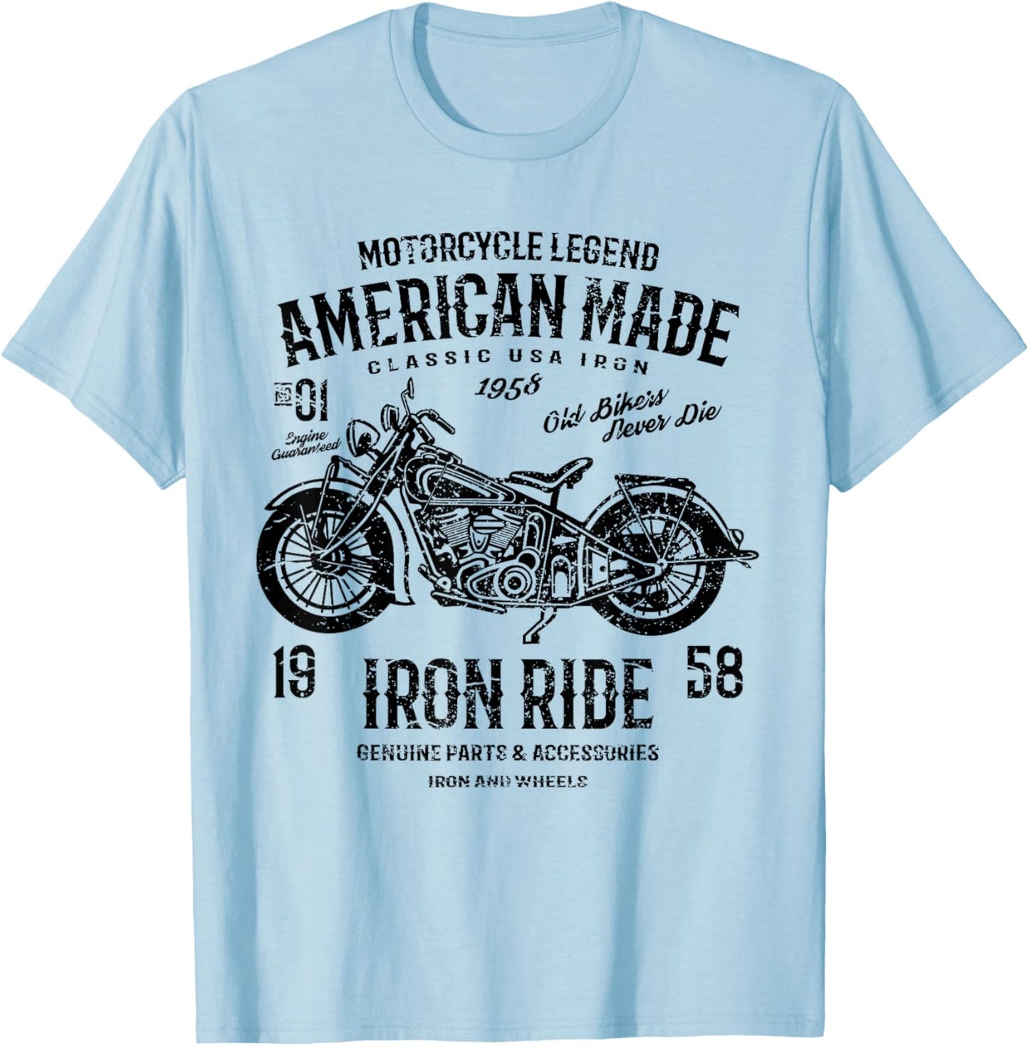 Retro American Vintage Style Motorcycle Distressed Design T-Shirt - T-Shirt | Light Blue