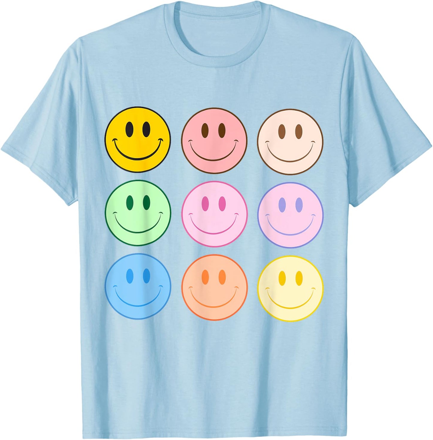 Retro Happy Face Colorful - Smile Face Trendy T-Shirt - T-Shirt | Light Blue