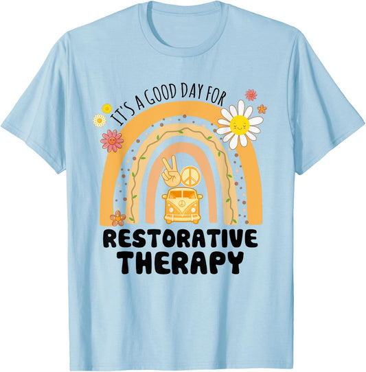 Rainbow Groovy Peace Restorative Therapy Vintage T-Shirt - T-Shirt | Light Blue