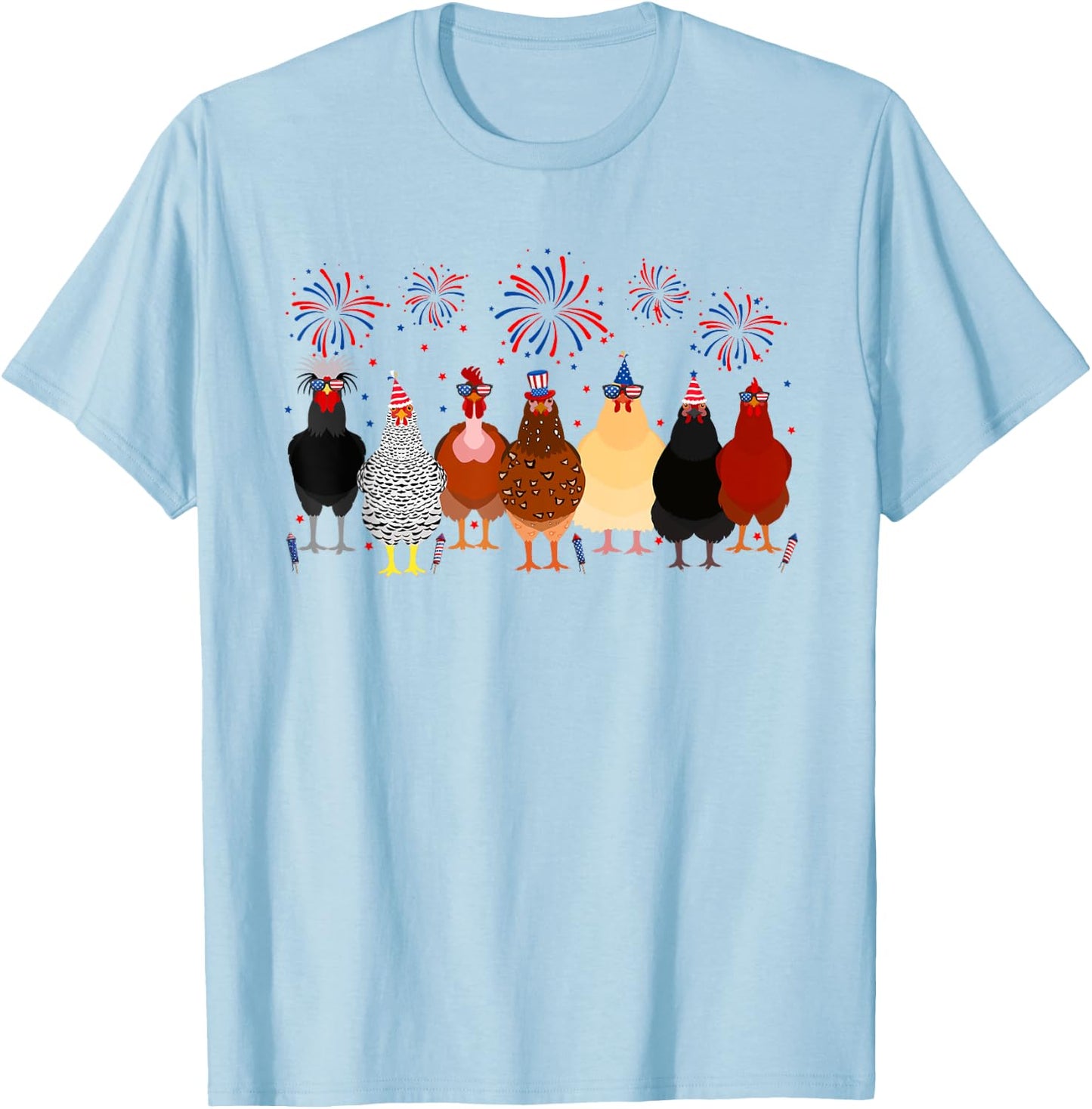 Funny Chickens American Flag Fireworks Farmer 4th Of July Women Men T-Shirt - T-Shirt | Light Blue