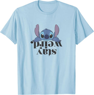 Disney Lilo & Stitch Stay Weird Upside Down Text Logo T-Shirt - T-Shirt | Light Blue