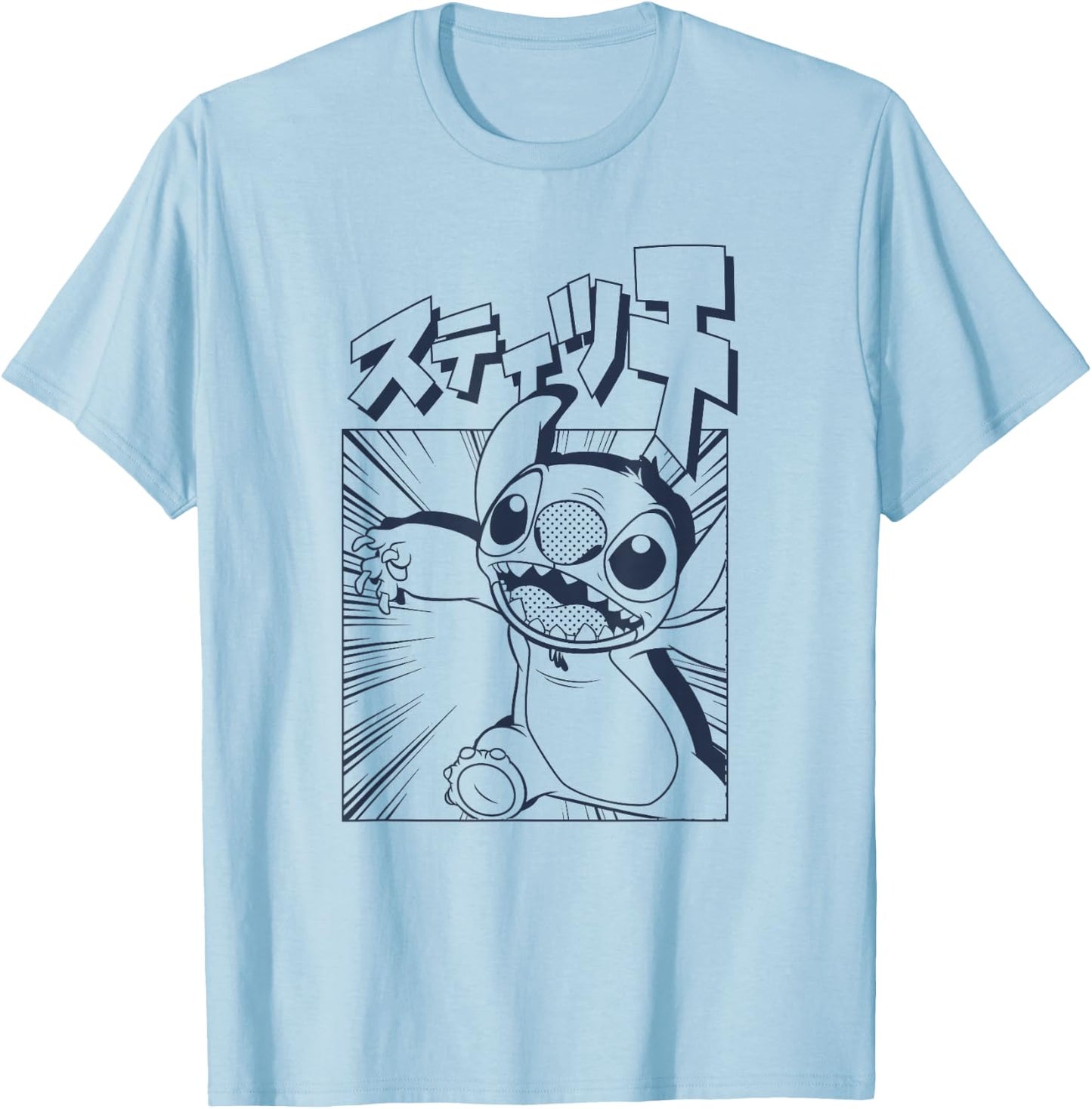 Disney Lilo & Stitch Manga Katakana Japanese Panel Portrait T-Shirt - T-Shirt | Light Blue