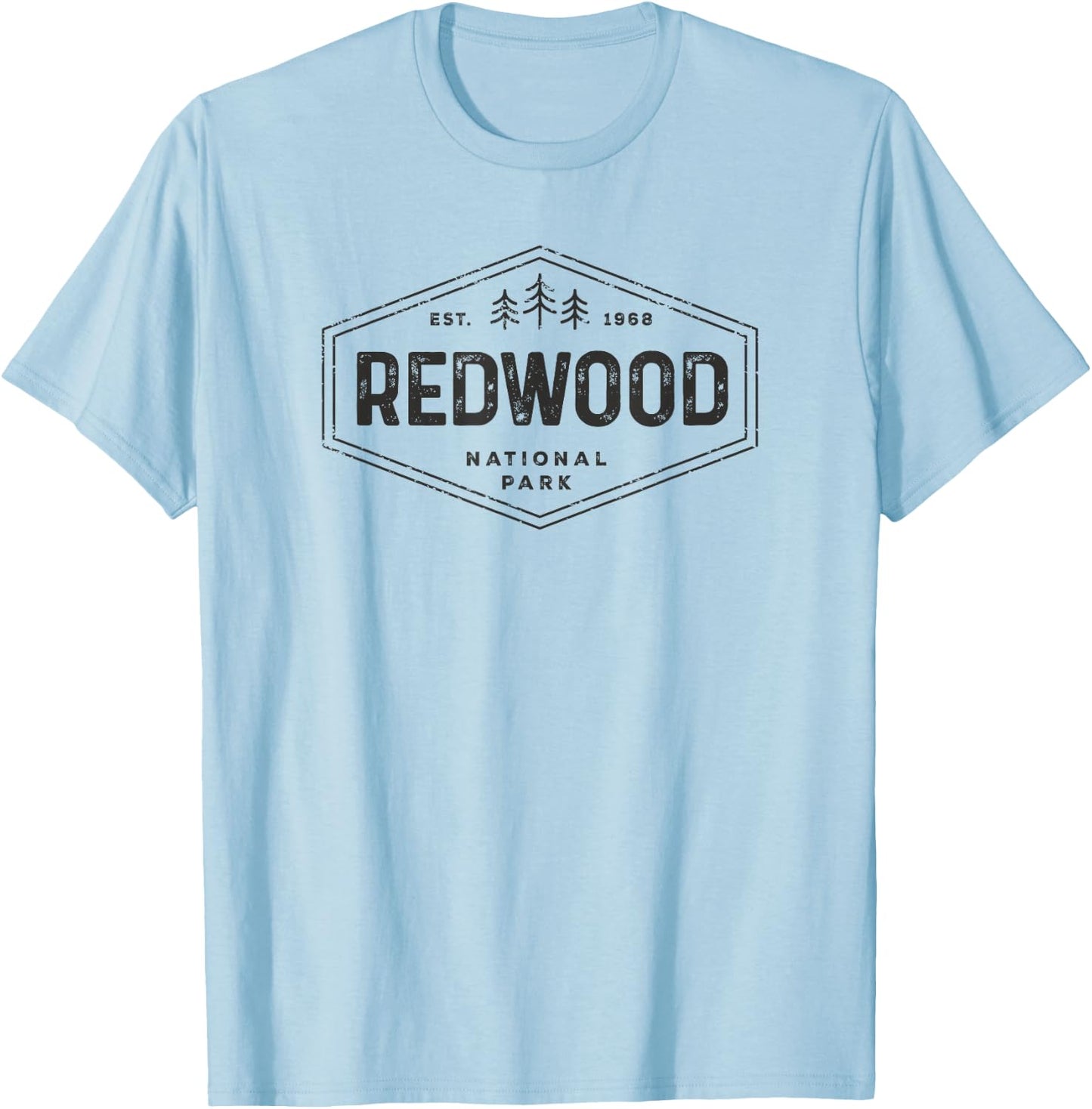 Redwood National Park Shirt Vintage Tree Hexagon Badge Hike T-Shirt - T-Shirt | Light Blue
