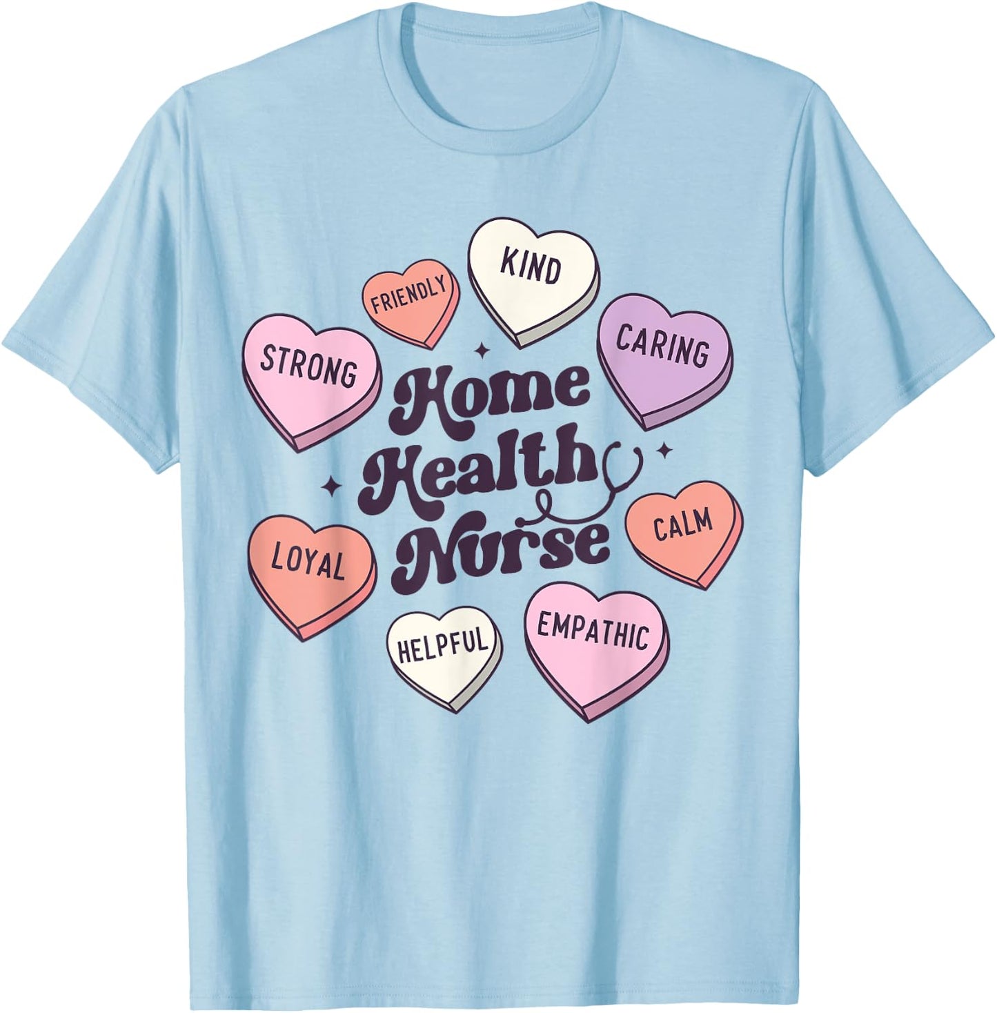 Home Health Nurse Groovy Medical Valentines Day Retro Hearts T-Shirt - T-Shirt | Light Blue