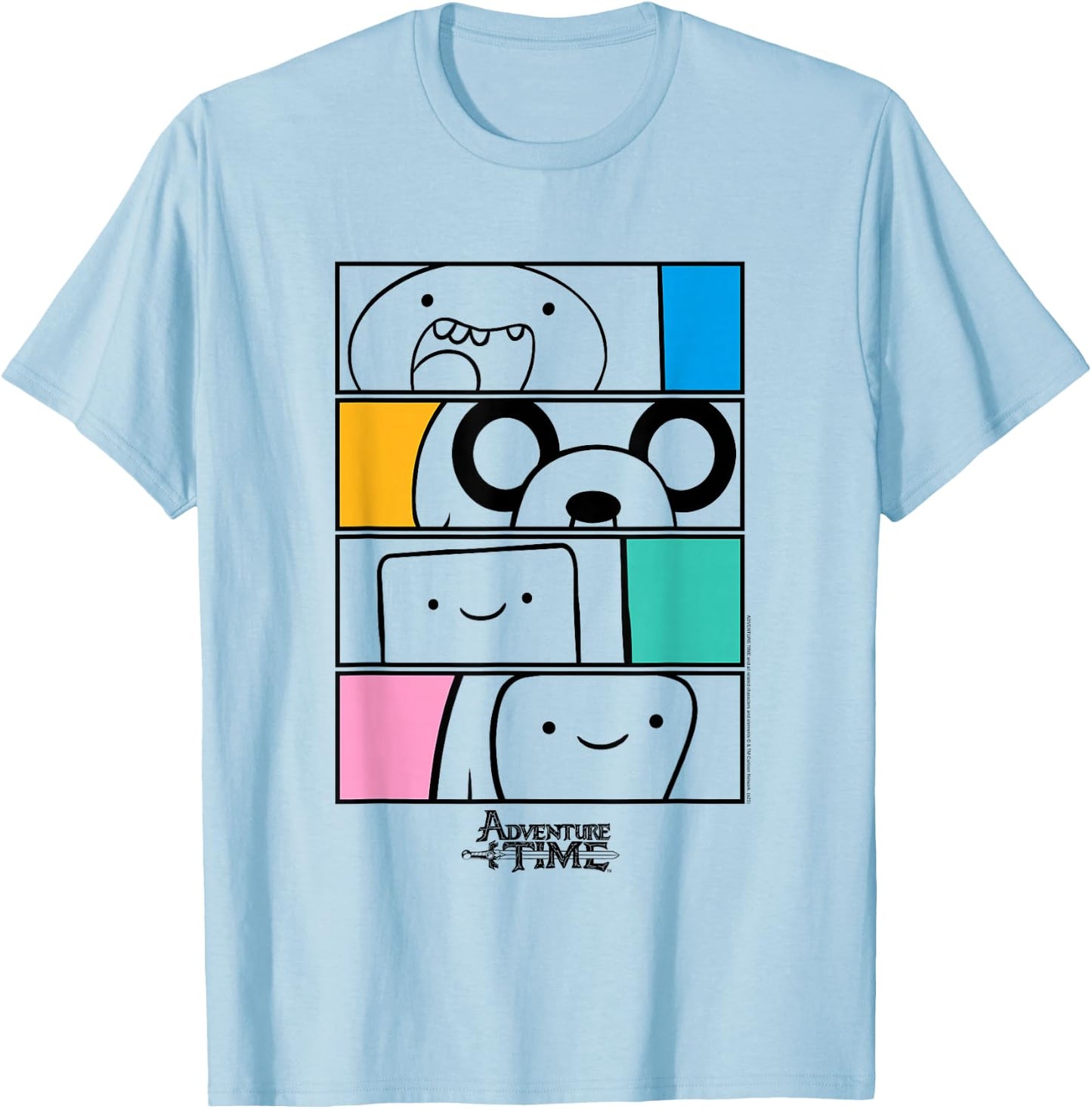 Adventure Time Finn, Jake. BMO, Bubblegum Stacked Cartoon T-Shirt - T-Shirt | Light Blue