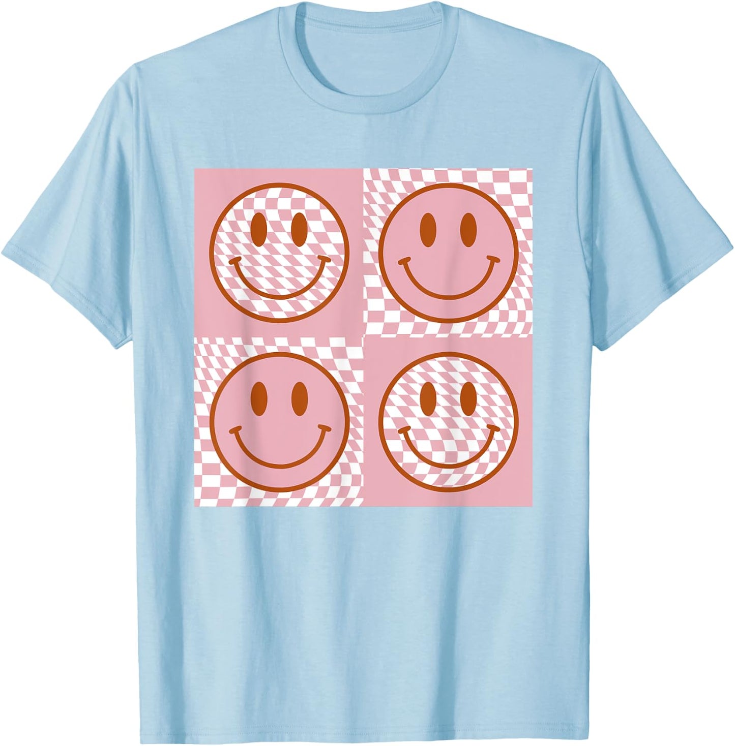 Checkered Pattern Happy Face Shirt Retro Pink Smile Face T-Shirt - T-Shirt | Light Blue