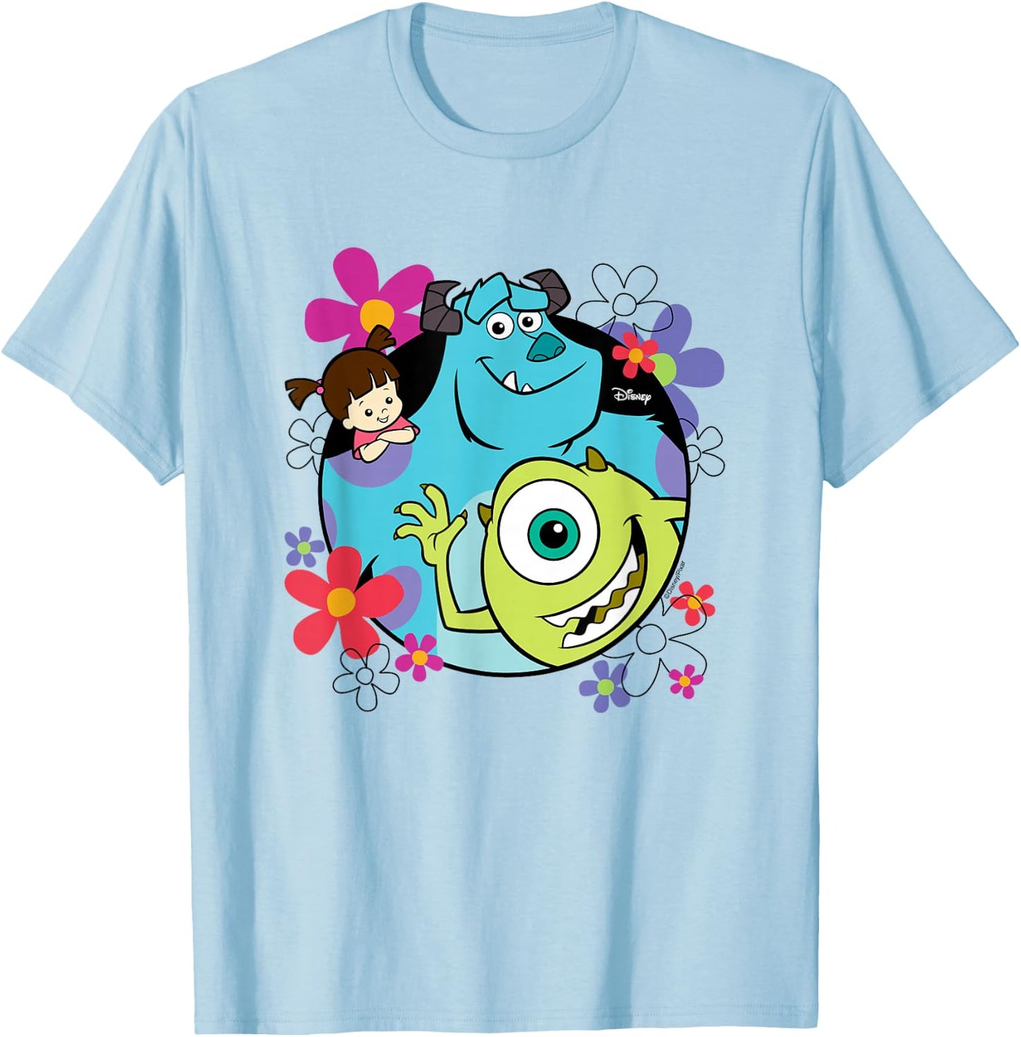 Monsters Inc - Sully Mike Wazoski Boo Floral Circle Group T-Shirt - T-Shirt | Light Blue