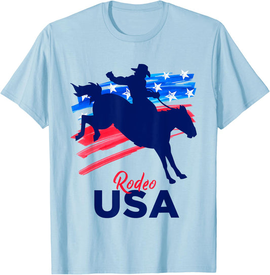 Rodeo Support the Team Rodeo Cowboy Rider Horse USA Flag T-Shirt - T-Shirt | Light Blue