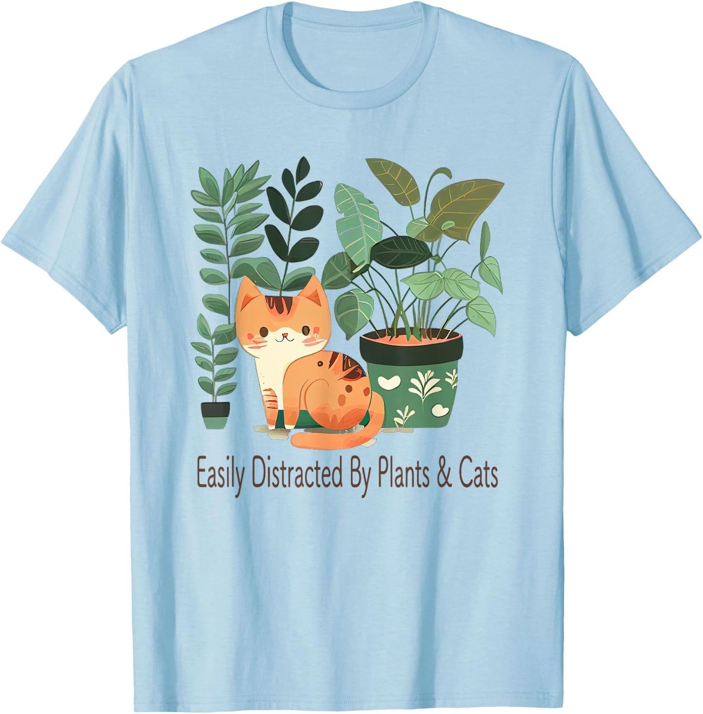 Easily Distracted By Plants And Cats Kawaii Cute Cat Plant Women Kids T-Shirt - T-Shirt | Light Blue