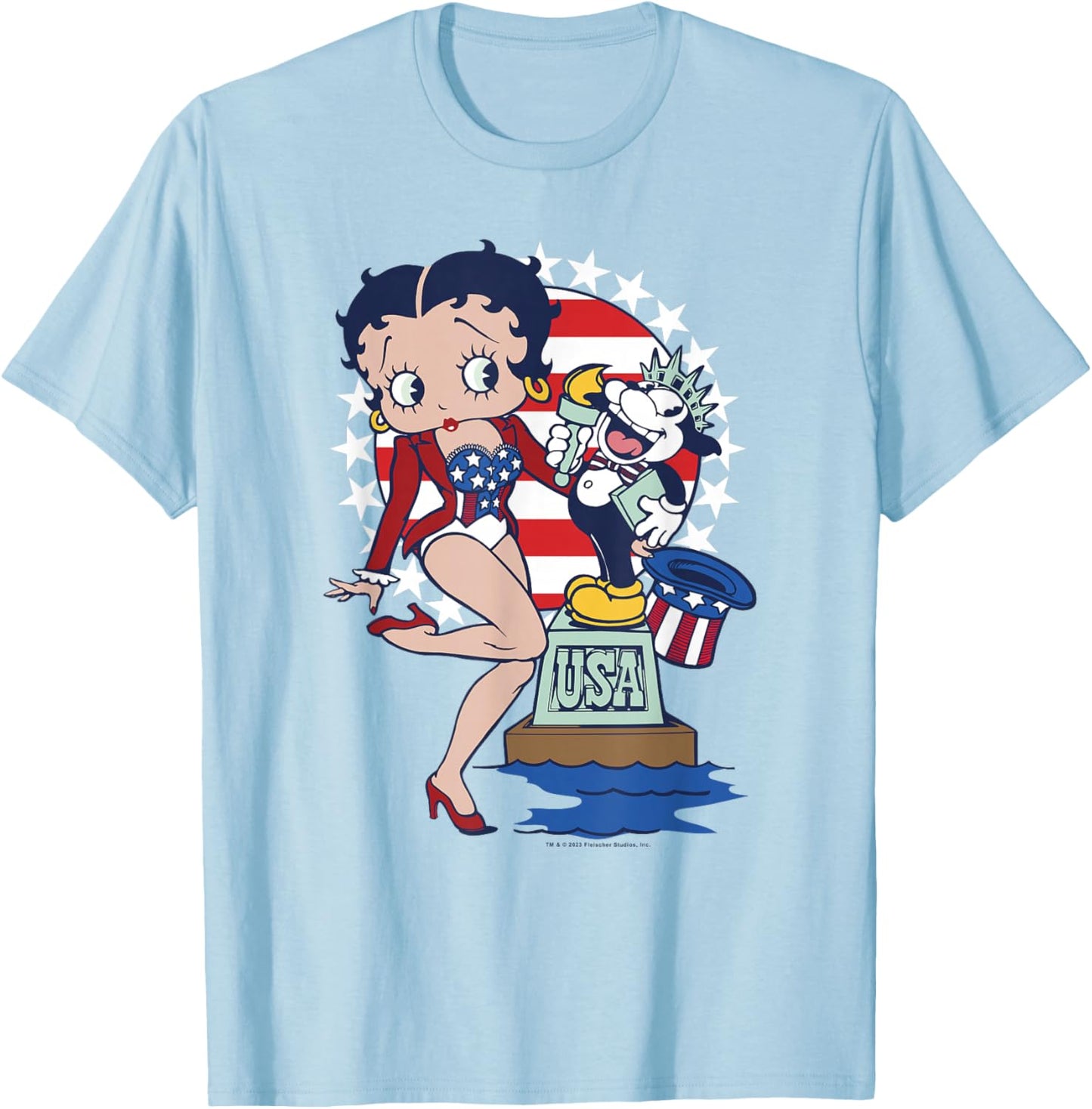 Betty Boop & Bimbo USA Star Spangled Patriotic Portrait T-Shirt - T-Shirt | Light Blue