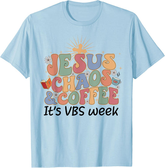Jesus Chaos and Coffee VBS Crew 2023 T-Shirt - T-Shirt | Light Blue
