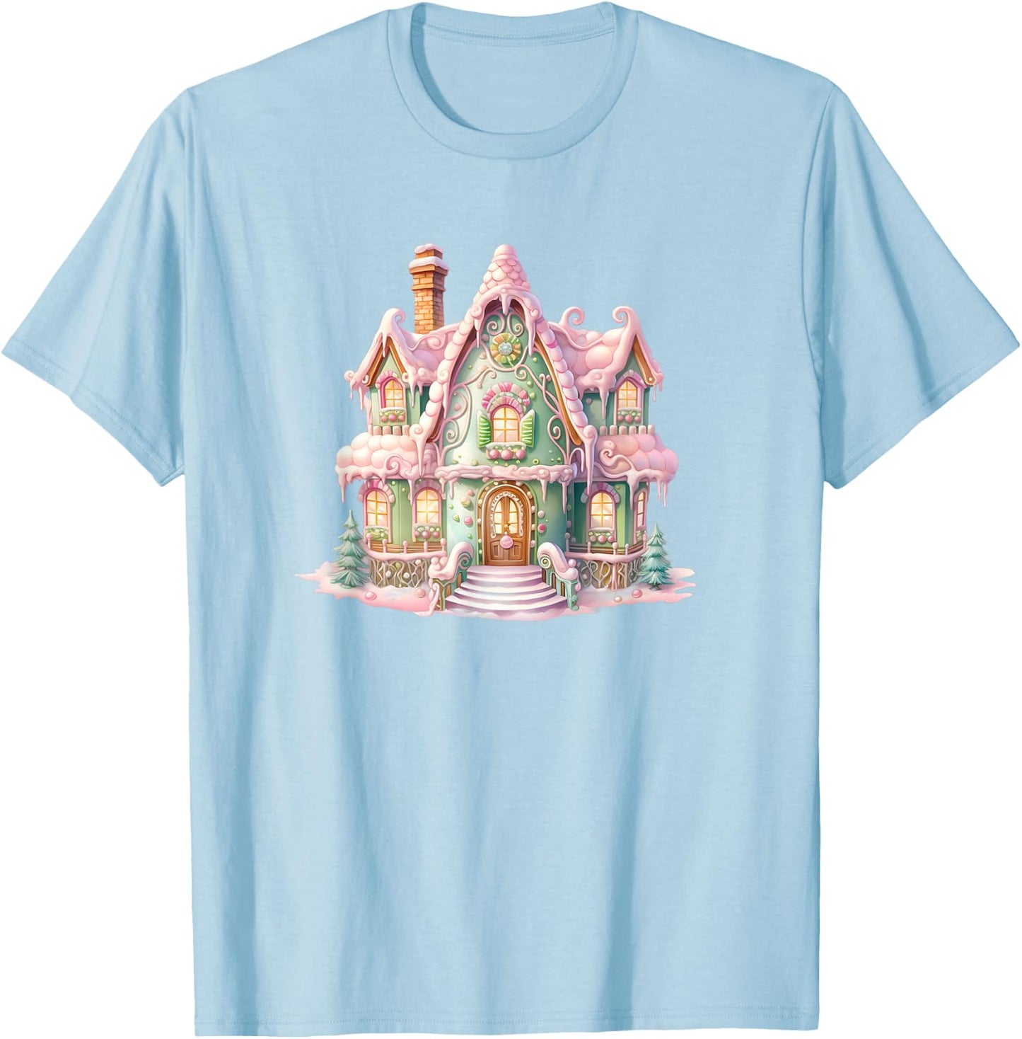 Pastel Gingerbread House Graphic Cute Christmas T-Shirt - T-Shirt | Light Blue