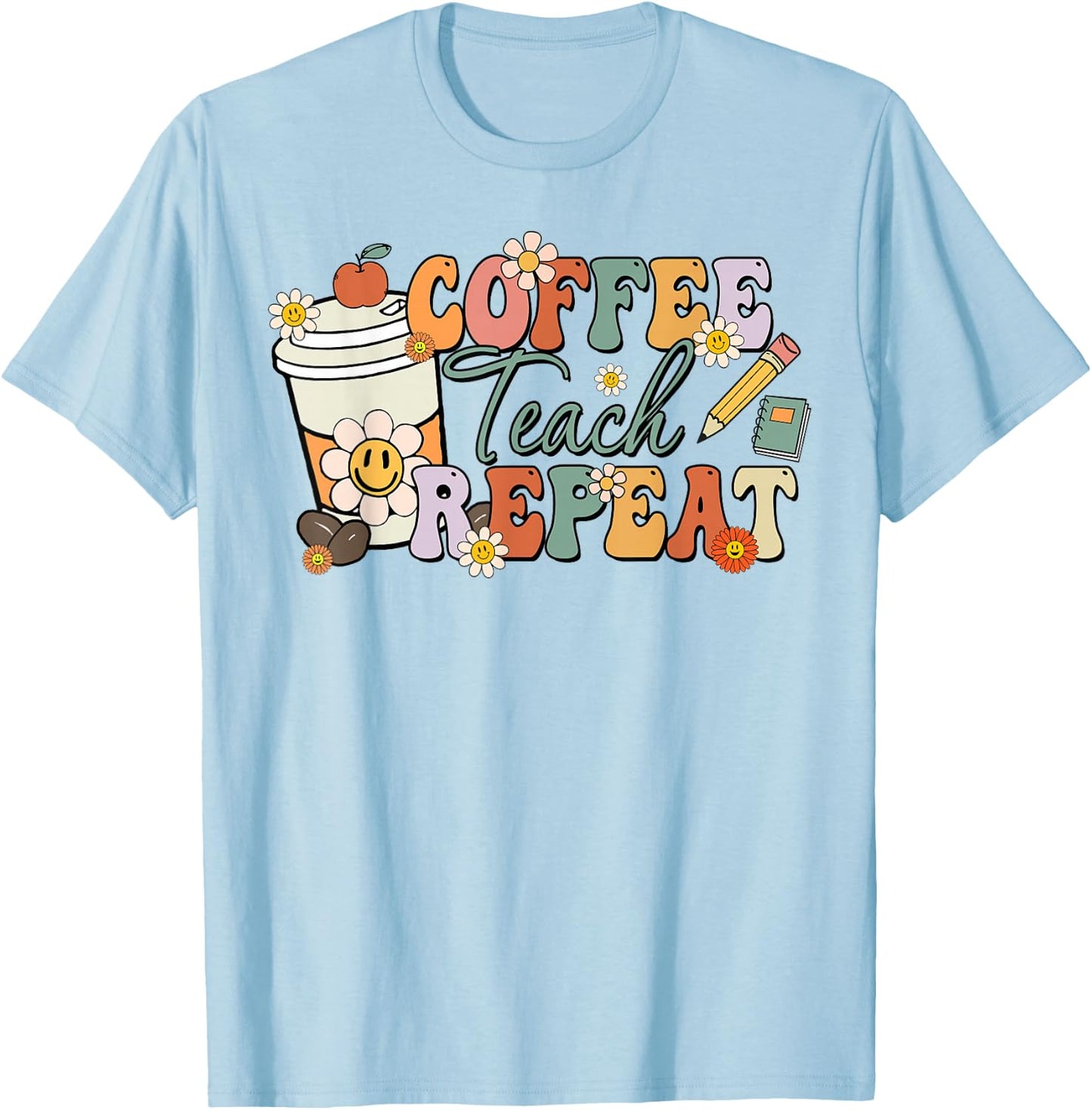 Retro Grovvy Coffee Teach Repeat Teacher T-Shirt - T-Shirt | Light Blue