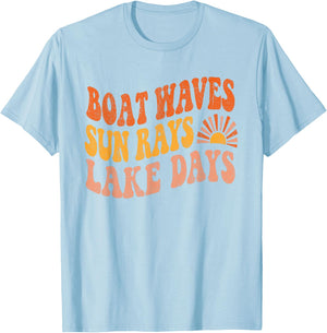 Boat Waves Sun Rays Lake Days Cute Retro 70s Summer Vacation T-Shirt - T-Shirt | Light Blue