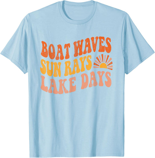 Boat Waves Sun Rays Lake Days Cute Retro 70s Summer Vacation T-Shirt - T-Shirt | Light Blue