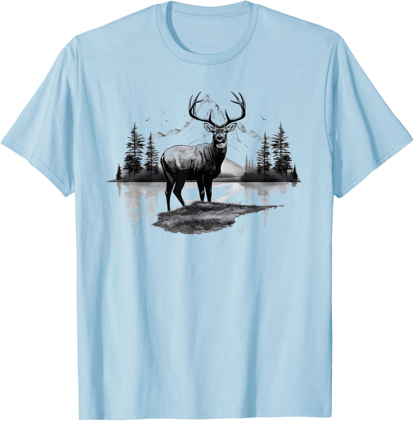 Buck Deer Stag Nature Landscape Art Portrait Vintage Graphic T-Shirt - T-Shirt | Light Blue