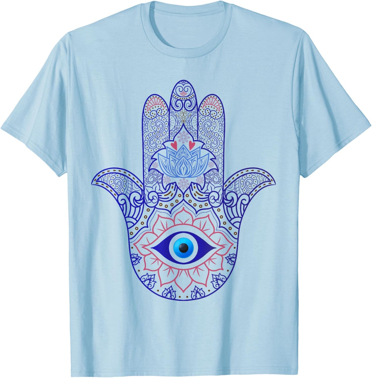 Hamsa Hand Blue Evil Eye Yoga - Spiritual Symbol Ornament T-Shirt - T-Shirt | Light Blue