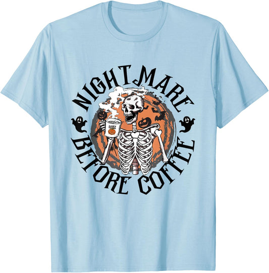 Nightmare Before Coffee Skeleton Drinking Caffeine T-Shirt - T-Shirt | Light Blue