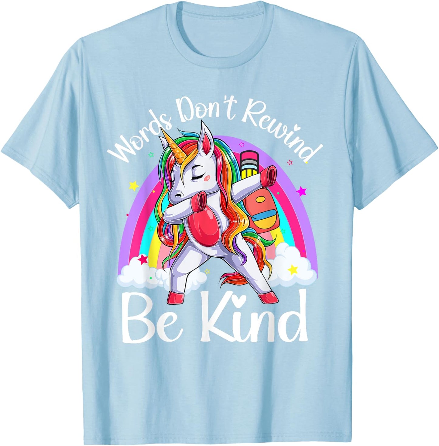 Unity Day Orange Unicorn Rainbow Be Kind Words Don't Rewind T-Shirt - T-Shirt | Light Blue