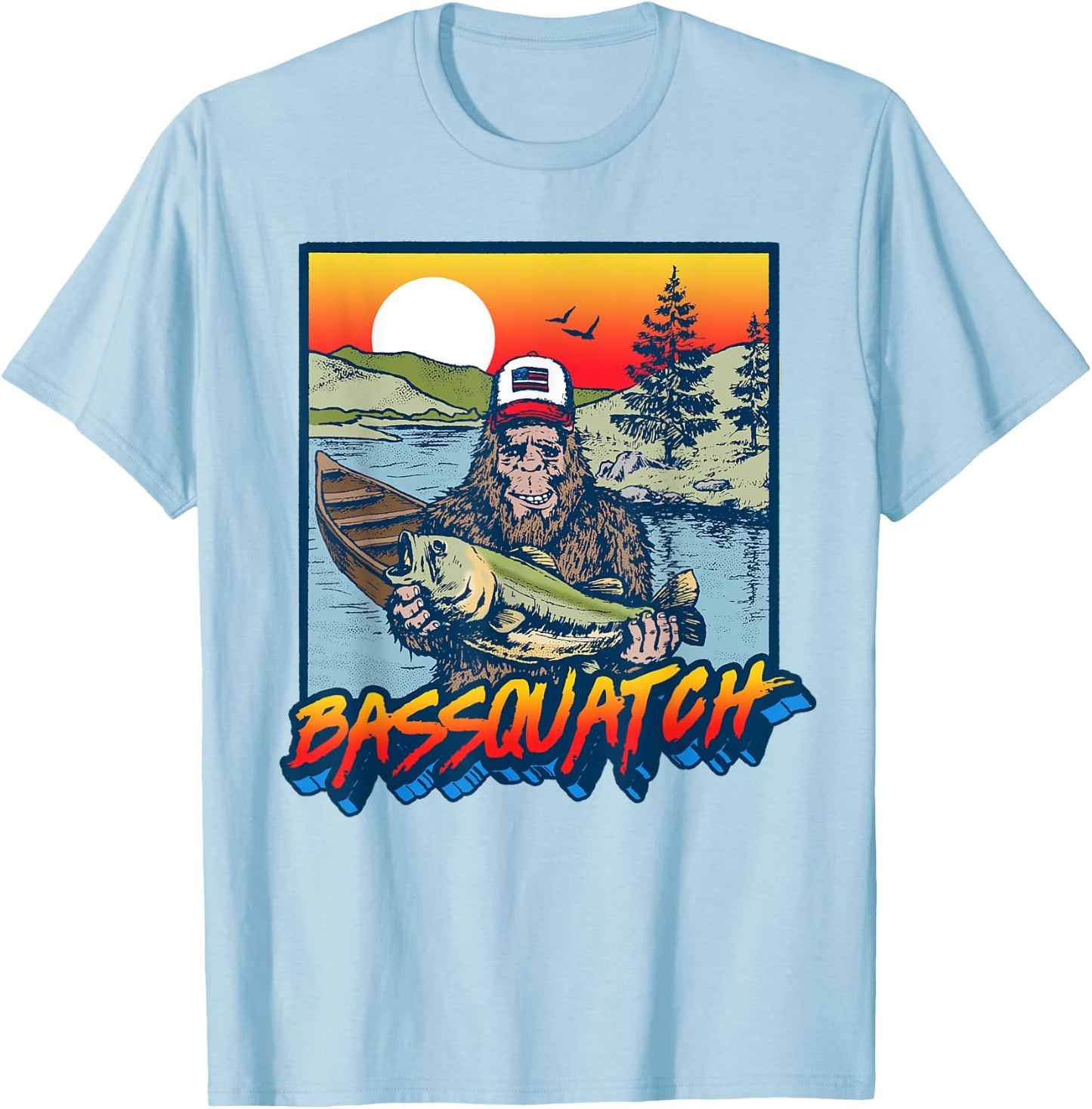 Bassquatch! Funny Bass Fishing Sasquatch Retro 80s T-Shirt - T-Shirt | Light Blue