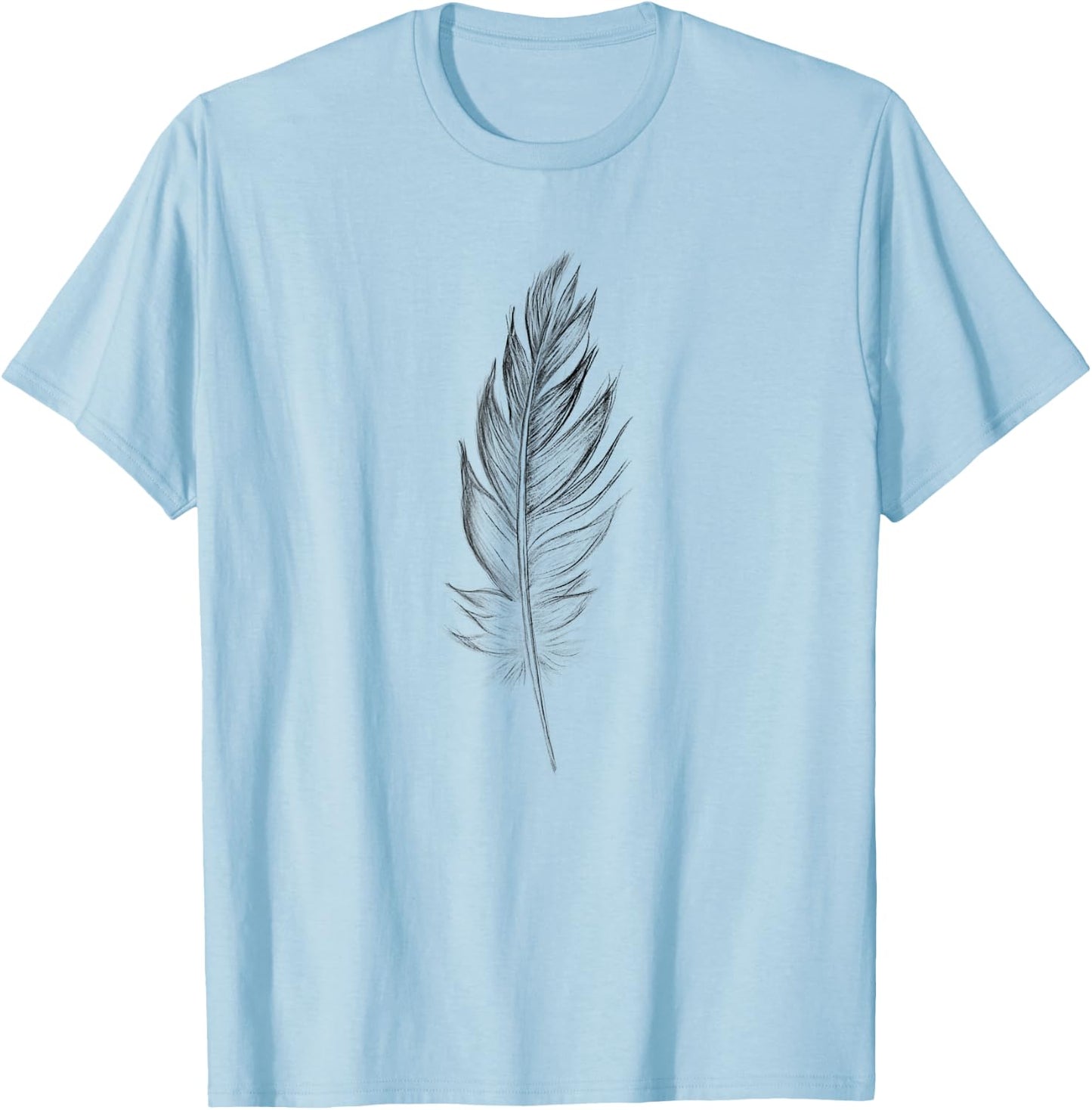Large Beautiful Black and White Hand Drawn Feather T-Shirt - T-Shirt | Light Blue