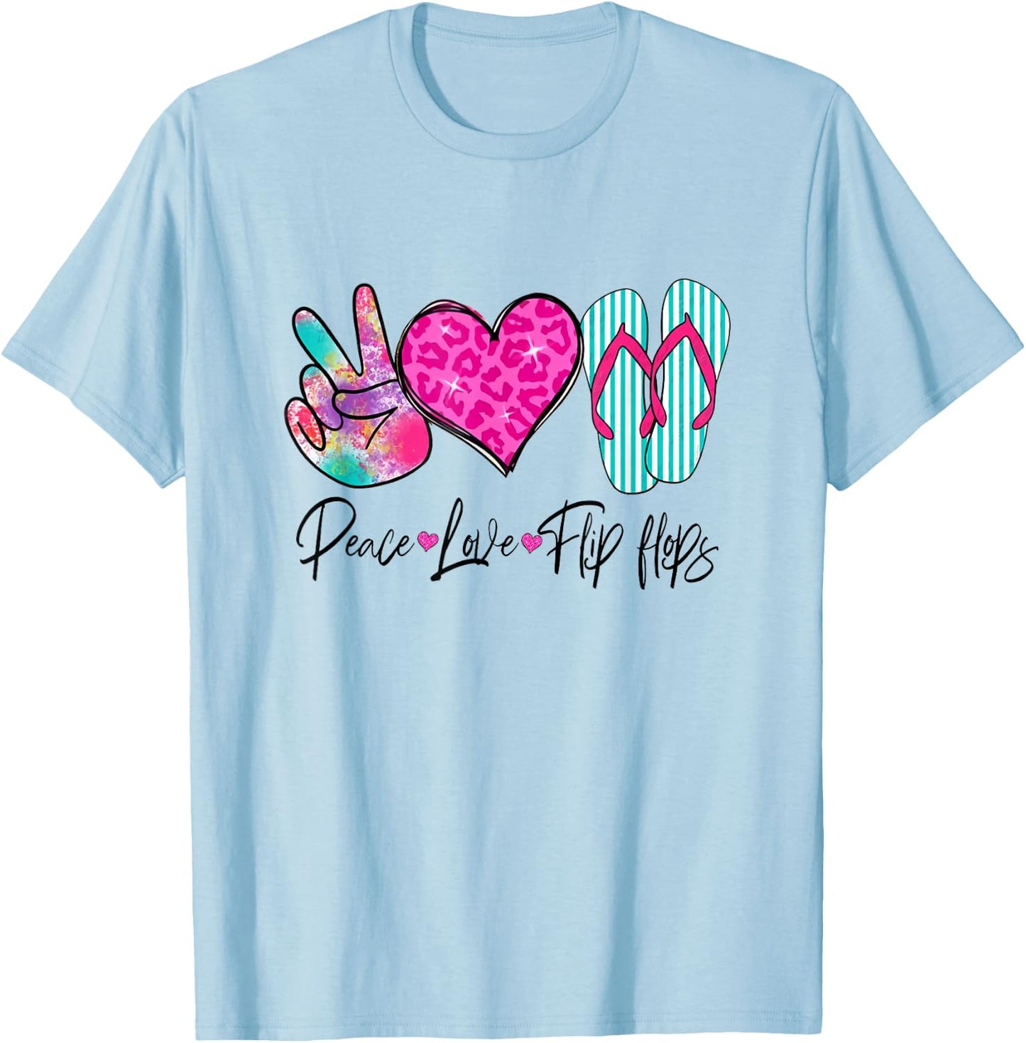 Peace Love Flip Flops Funny Hello Summer Vibes Beach Vacay T-Shirt - T-Shirt | Light Blue