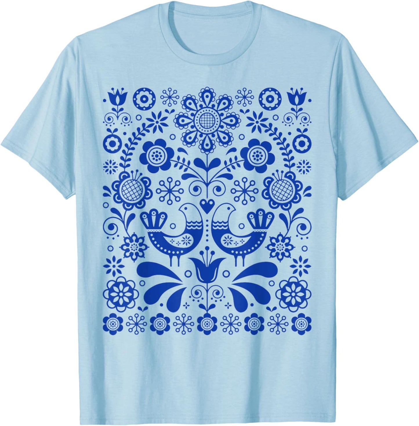 Scandinavian Folk Art Botanical Bird Lover Gift T-Shirt - T-Shirt | Light Blue