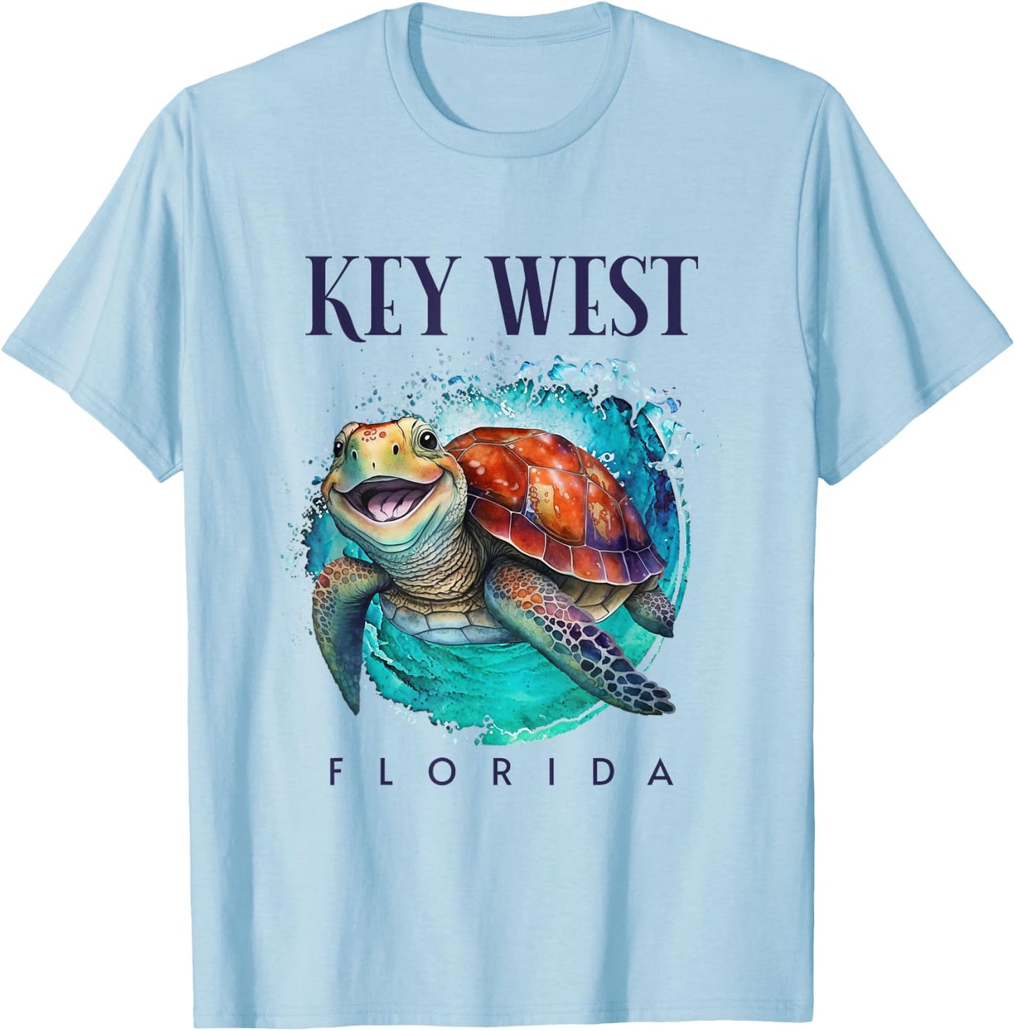 Key West Florida Watercolor Happy Sea Turtle T-Shirt - T-Shirt | Light Blue