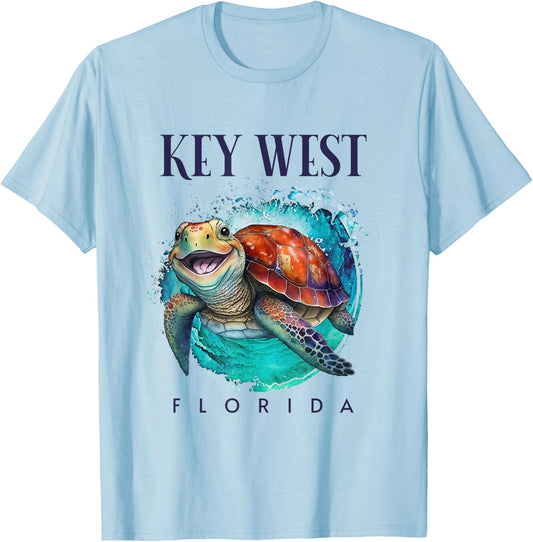 Key West Florida Watercolor Happy Sea Turtle T-Shirt - T-Shirt | Light Blue
