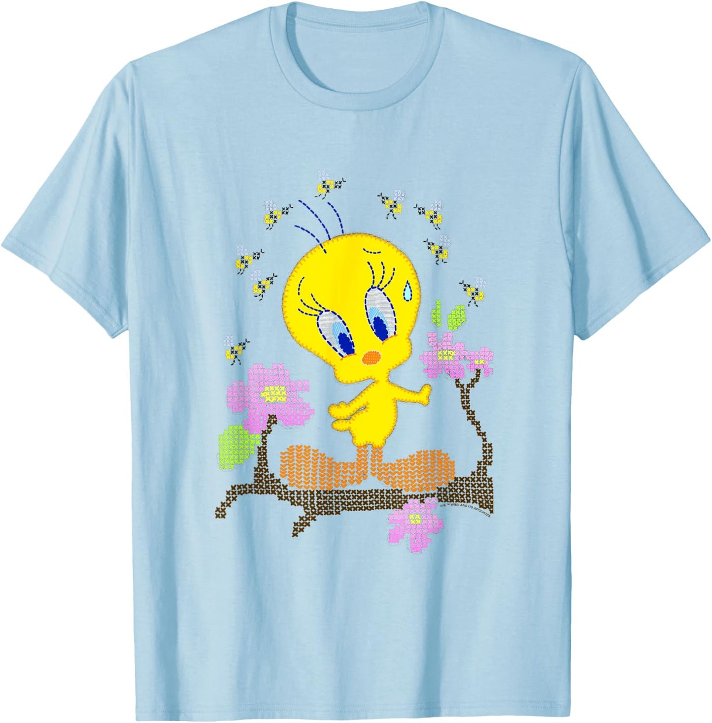 WB100 Looney Tunes Tweety Bird Easter Floral Stitch T-Shirt - T-Shirt | Light Blue