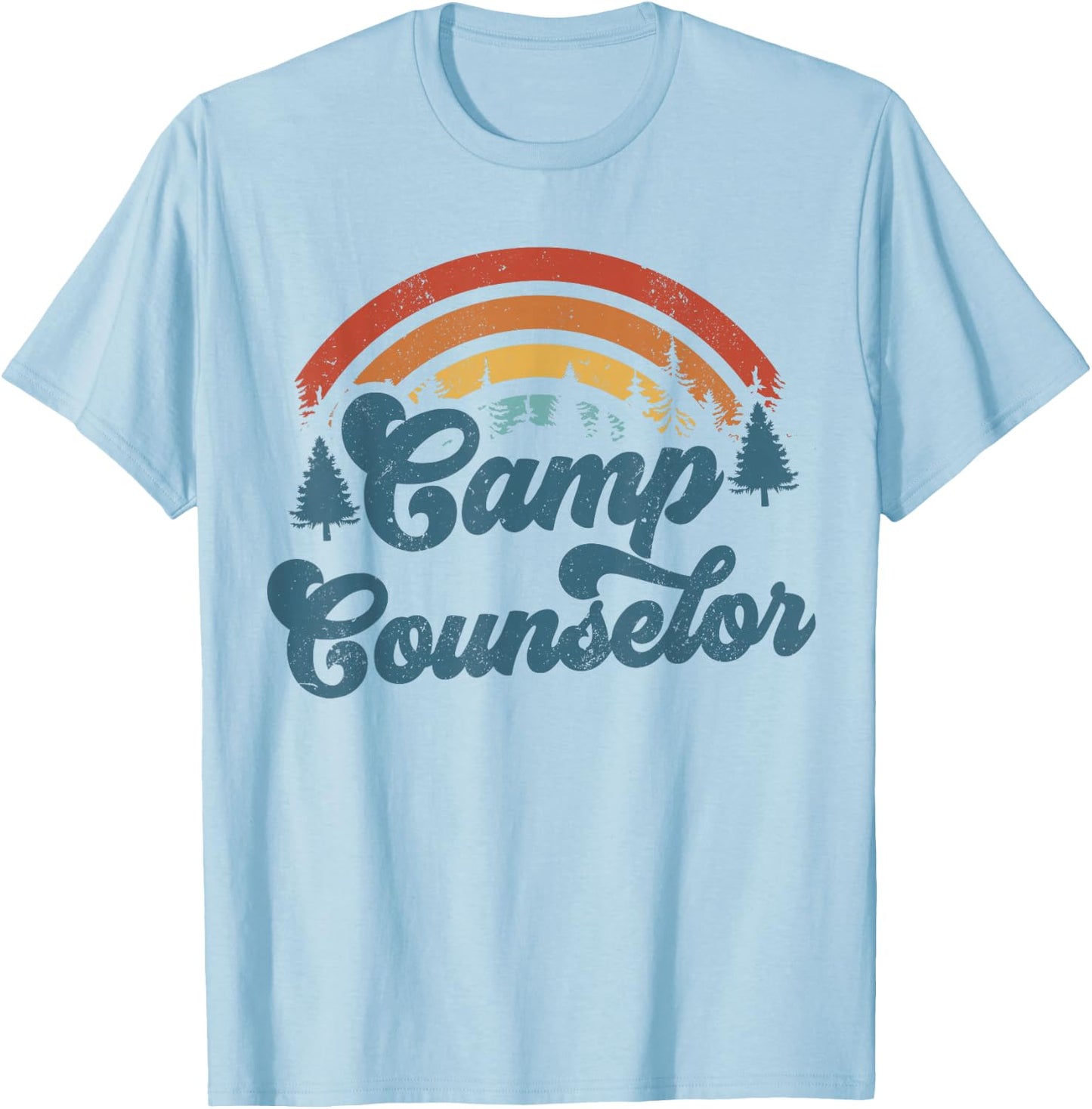 Summer Camp Counselor Staff Groovy Rainbow Camp Counselor T-Shirt - T-Shirt | Light Blue